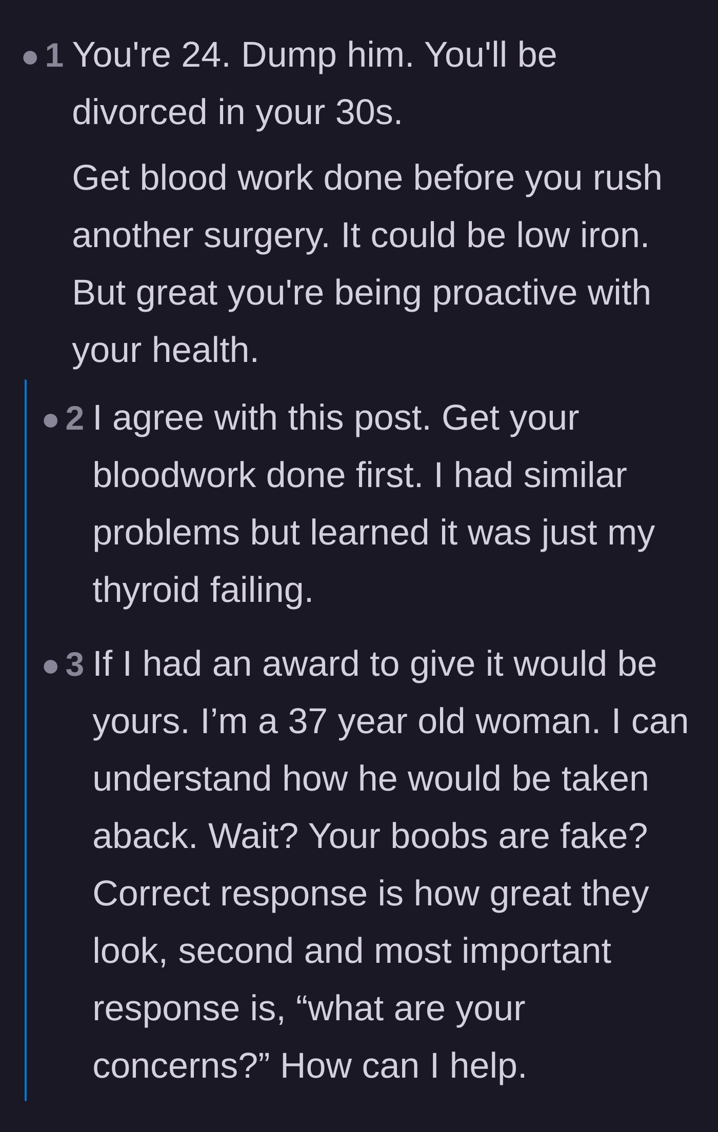 Comment thread 1 - Readers advising the author to get her thyroid and iron checked before surgery, while slamming the fiancé's shallow reaction.
