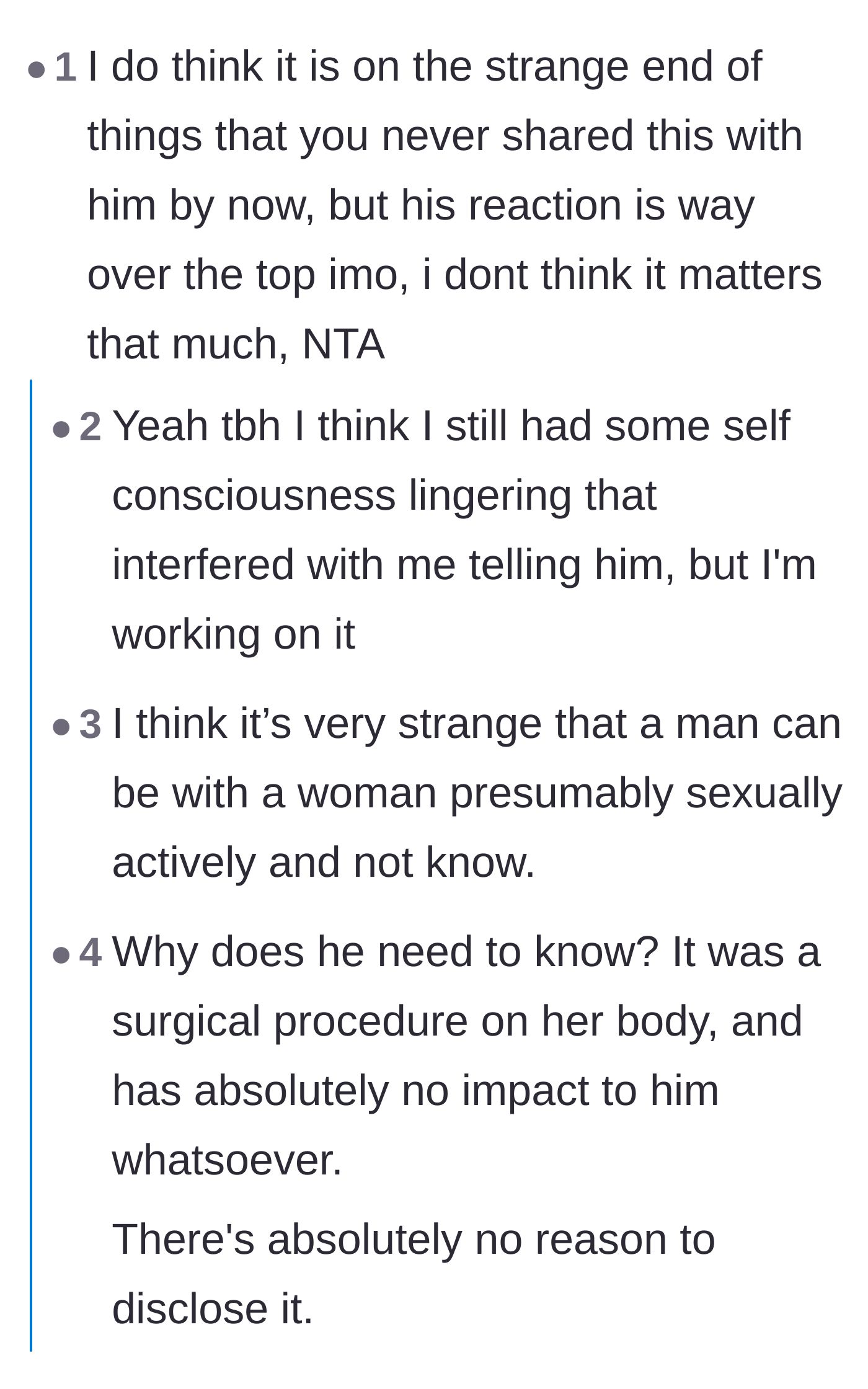 Comment thread 3 - Users breaking down the fiancé's admission that her breasts were his favorite feature and his refusal to help pay for future surgeries.
