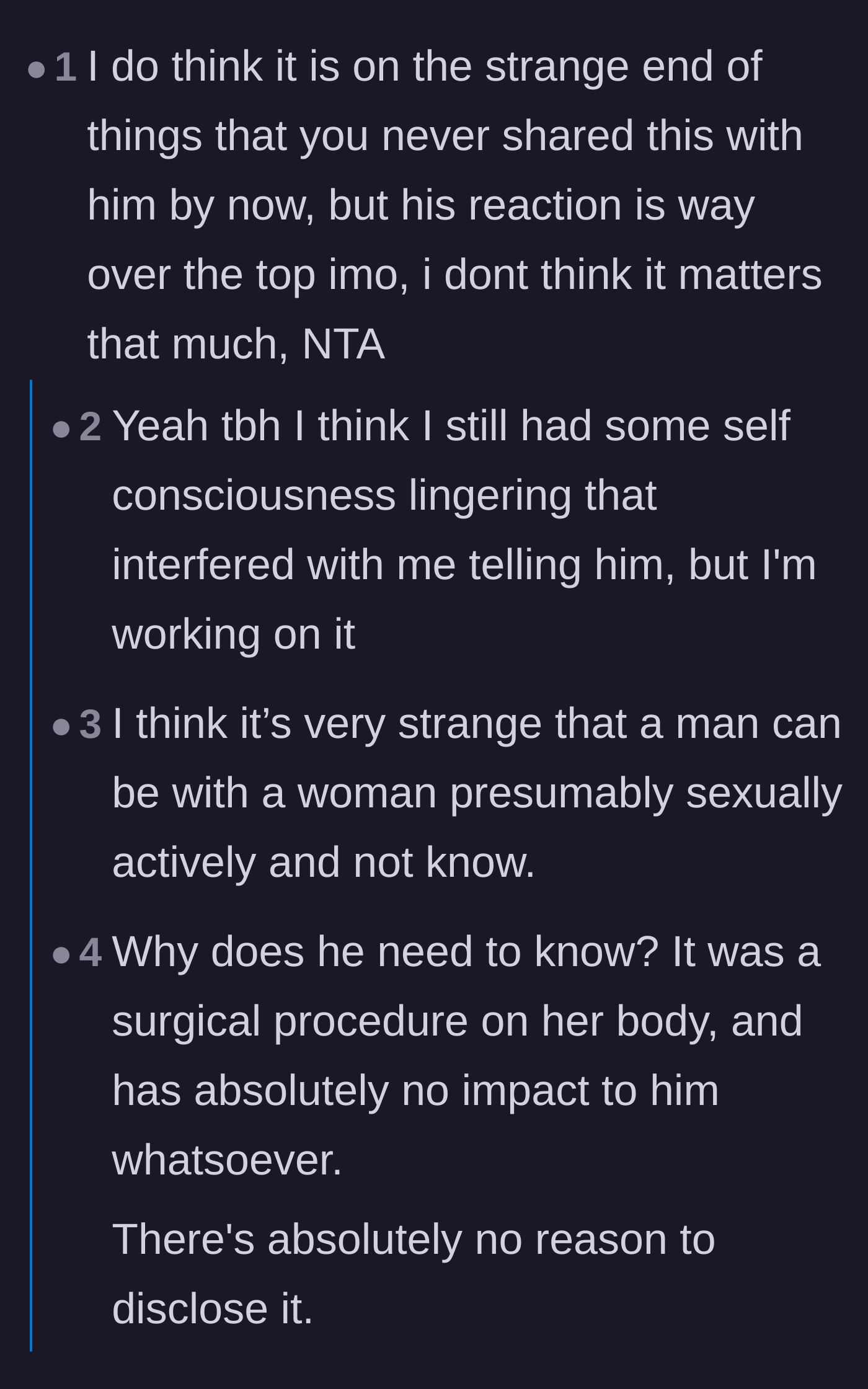 Comment thread 3 - Users breaking down the fiancé's admission that her breasts were his favorite feature and his refusal to help pay for future surgeries.