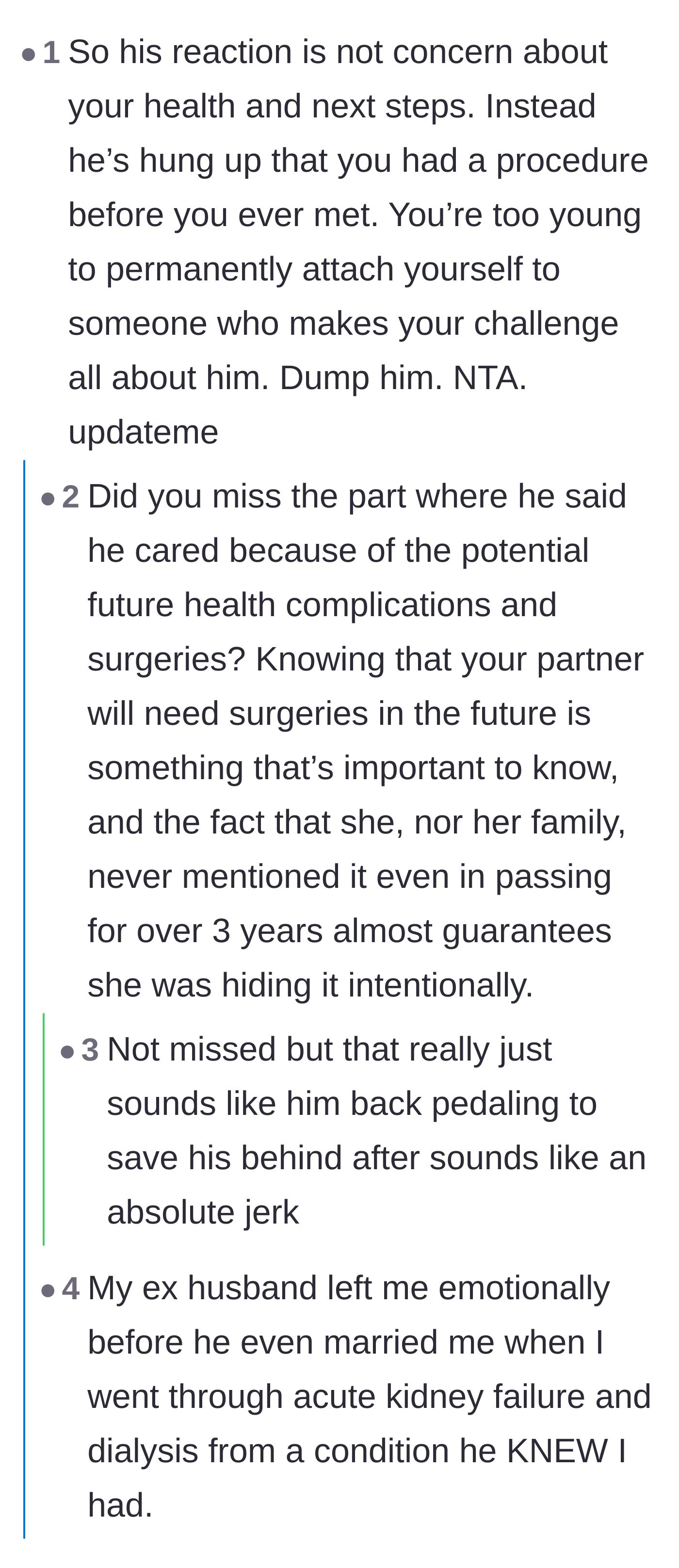 Comment thread 4 - A debate over whether the fiancé was genuinely concerned about future health risks or just making excuses for his lack of empathy.