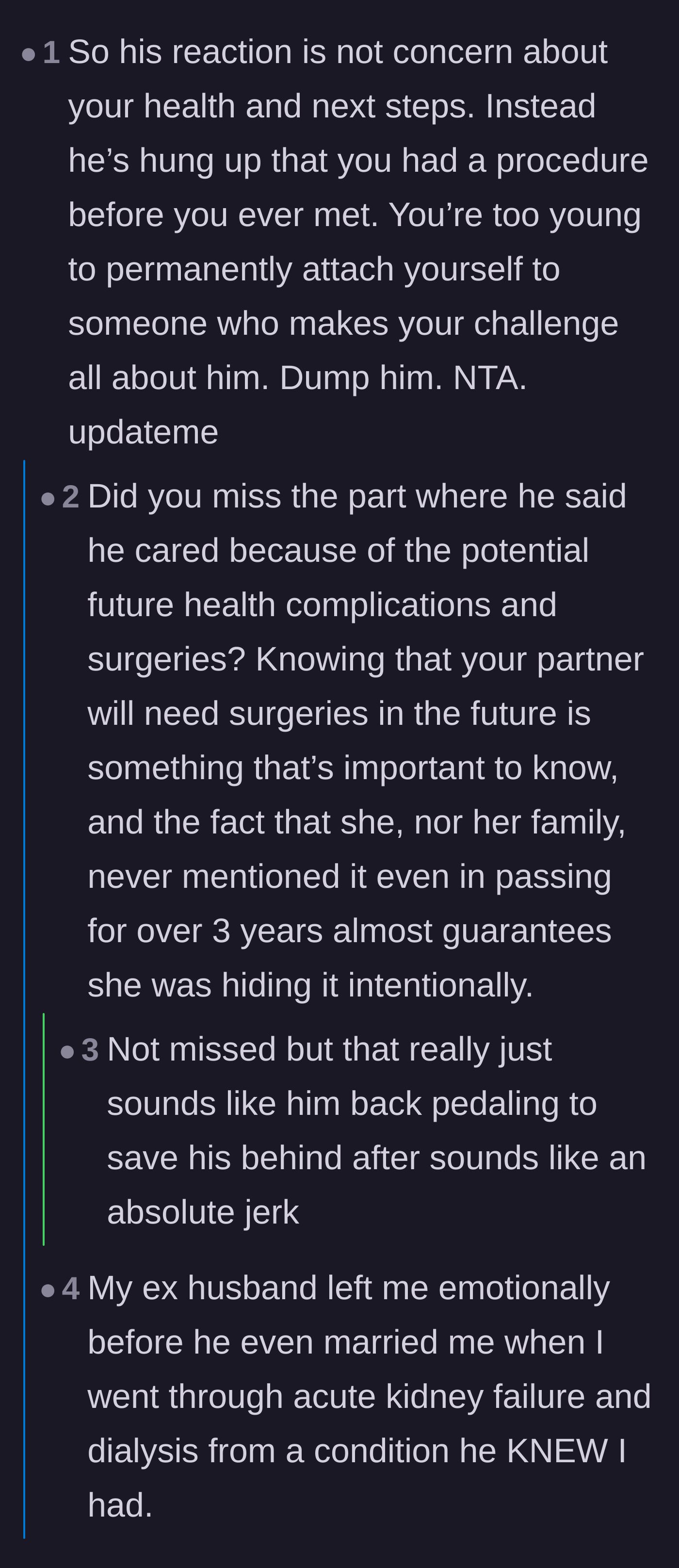 Comment thread 4 - A debate over whether the fiancé was genuinely concerned about future health risks or just making excuses for his lack of empathy.