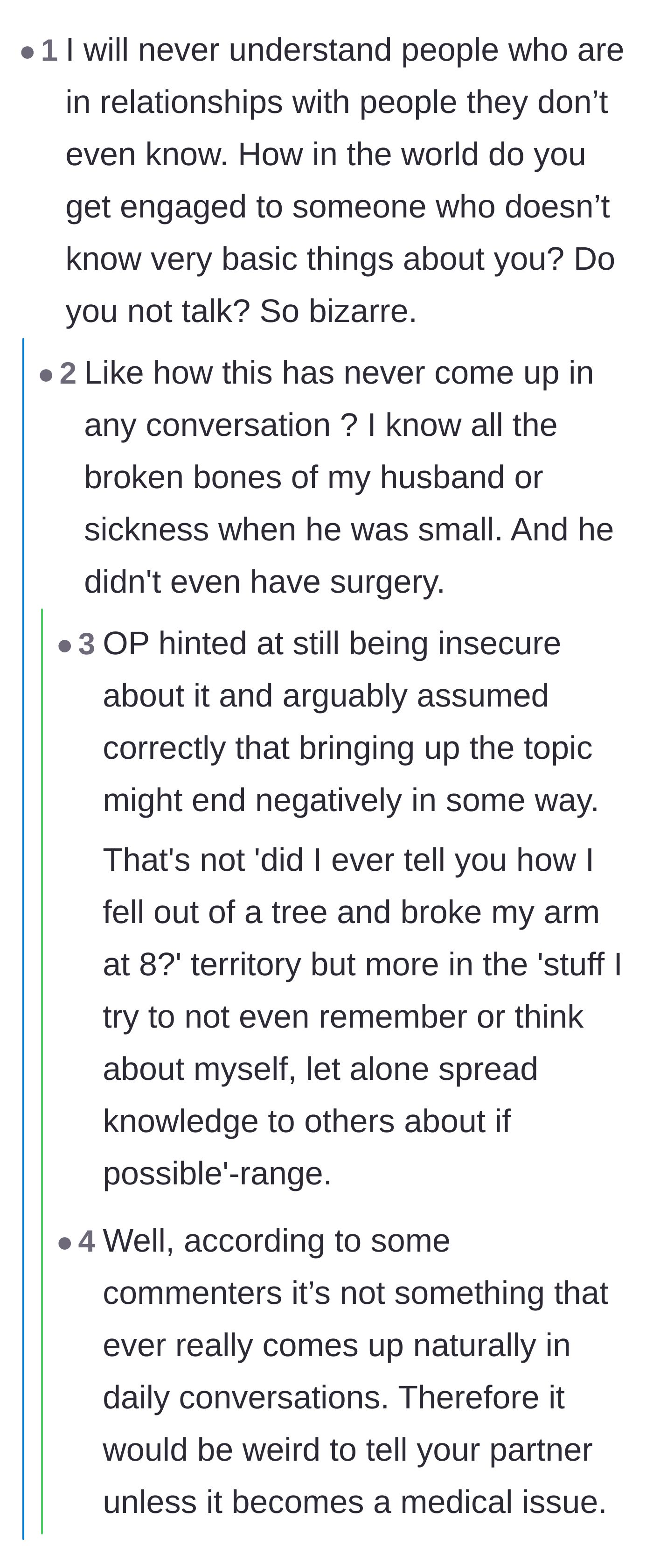 Comment thread 5 - Commenters expressing sheer disbelief that a couple could be together for three years without sharing basic personal history.