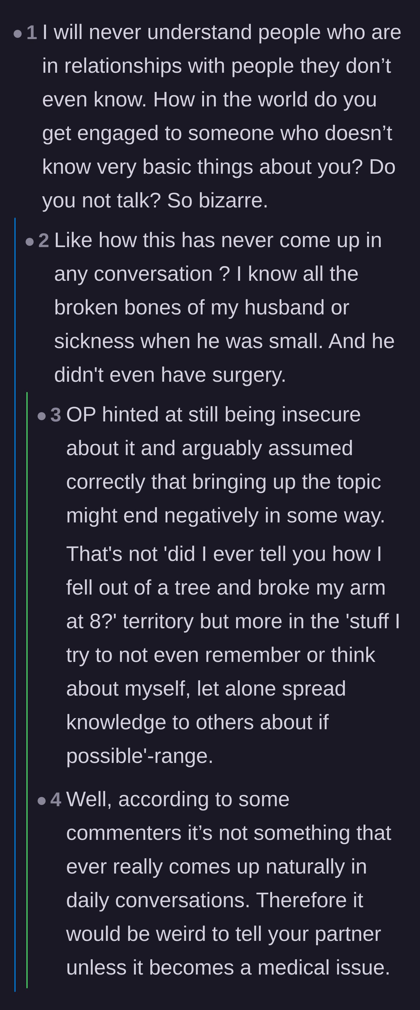 Comment thread 5 - Commenters expressing sheer disbelief that a couple could be together for three years without sharing basic personal history.