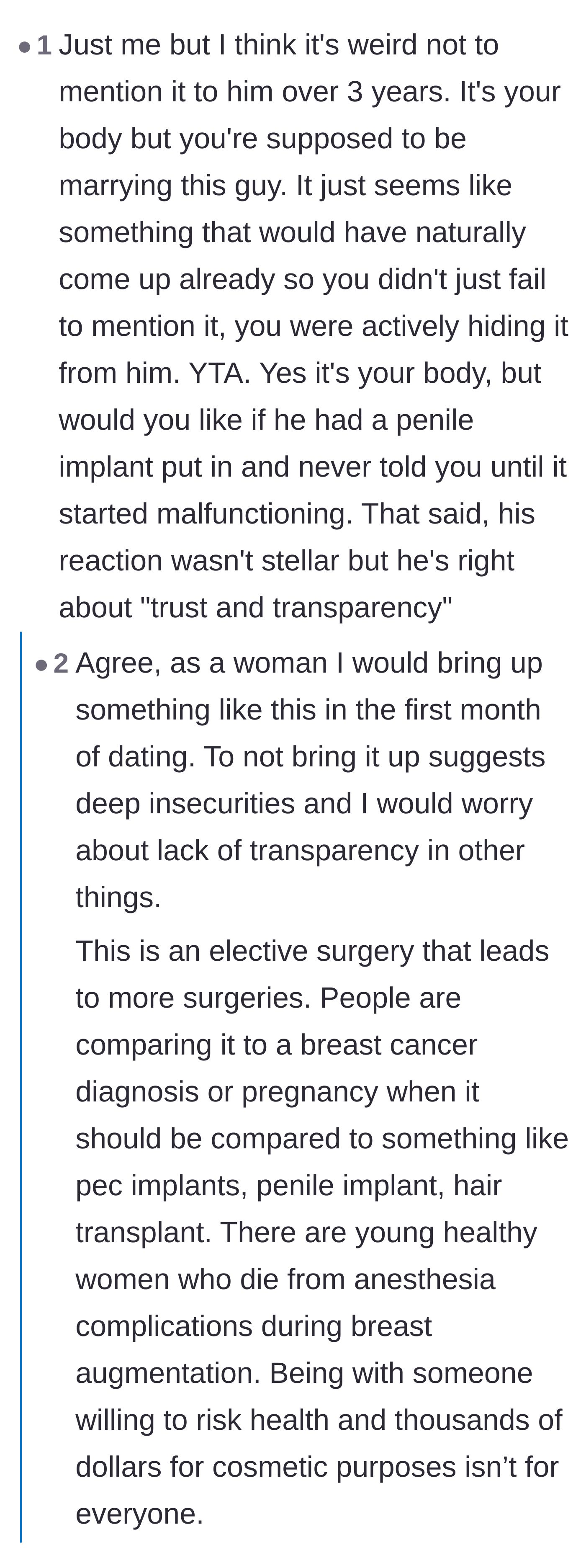 Comment thread 6 - Readers arguing that actively hiding an elective surgery with known future complications is a massive breach of trust before marriage.