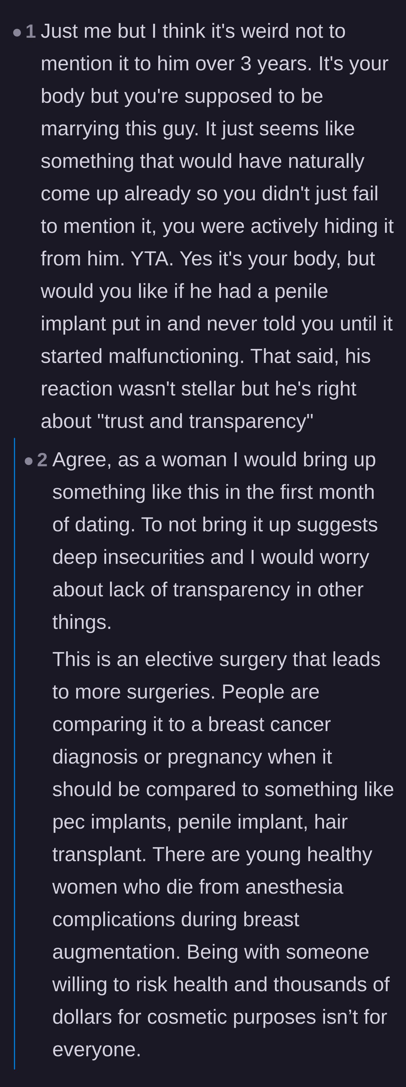 Comment thread 6 - Readers arguing that actively hiding an elective surgery with known future complications is a massive breach of trust before marriage.
