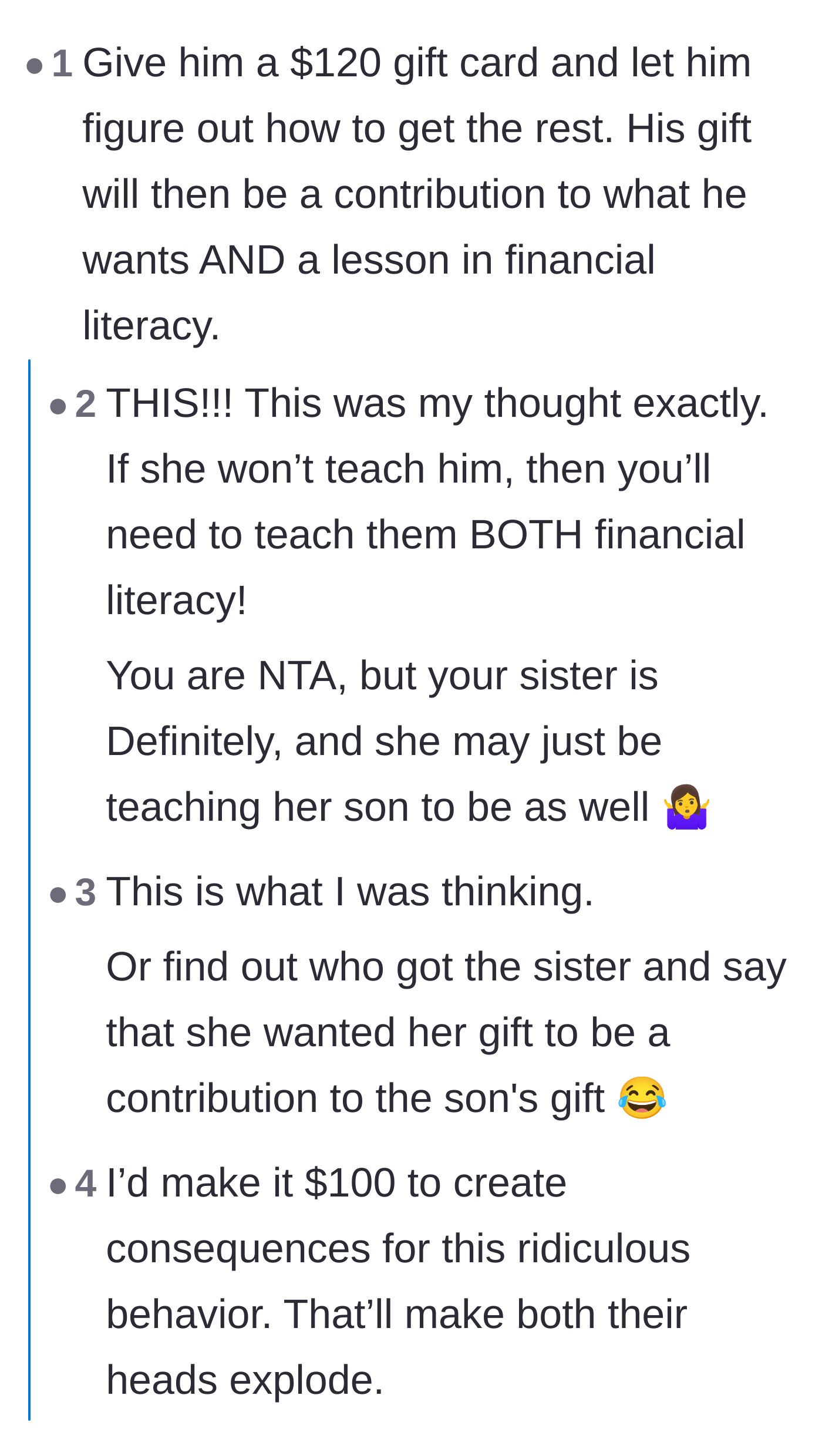 Comment thread 1 - Advice on giving a gift card as a partial contribution so the nephew can learn to save up.