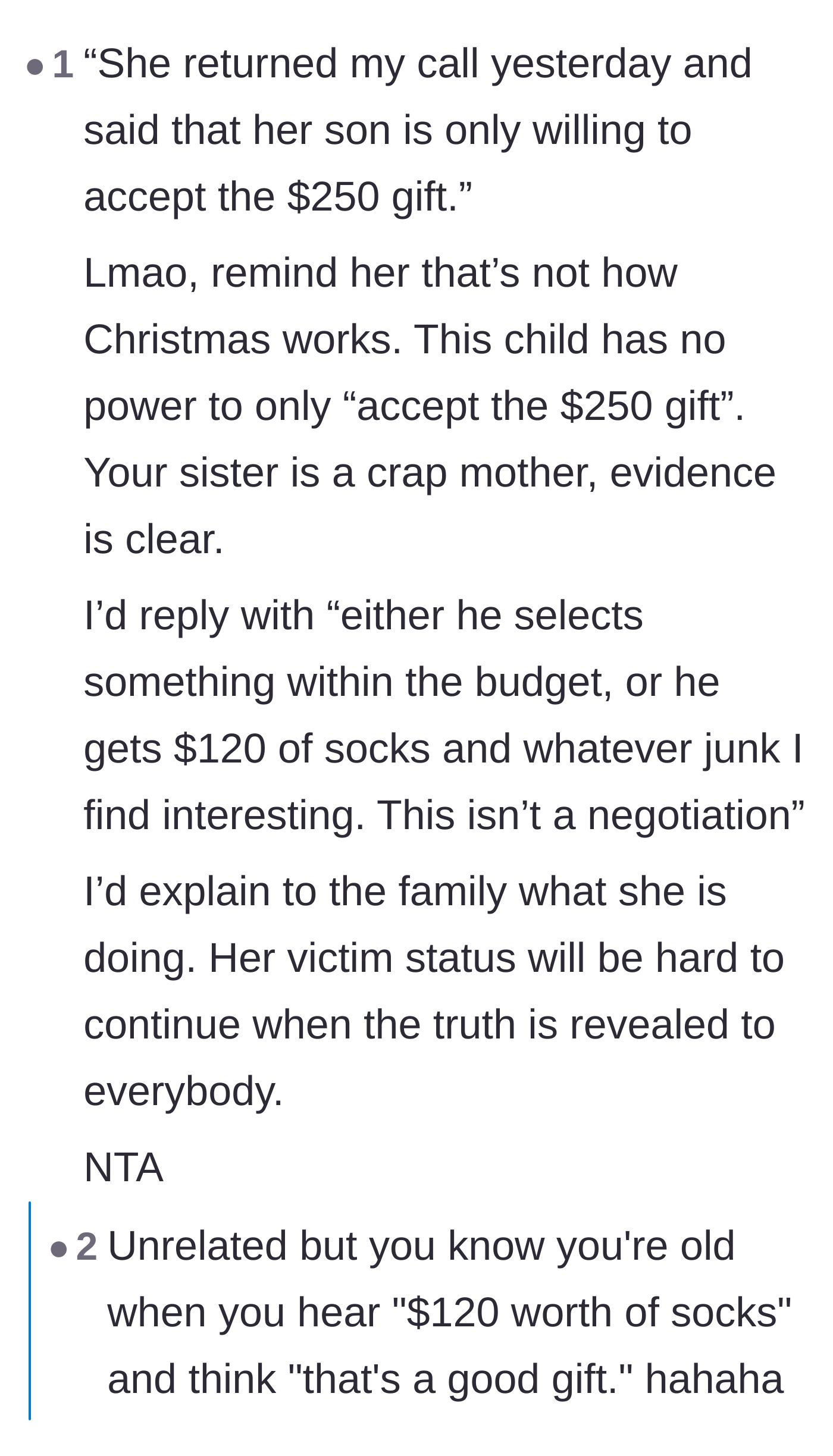 Comment thread 2 - Calling out the sister's parenting and suggesting a gift of basic socks instead.
