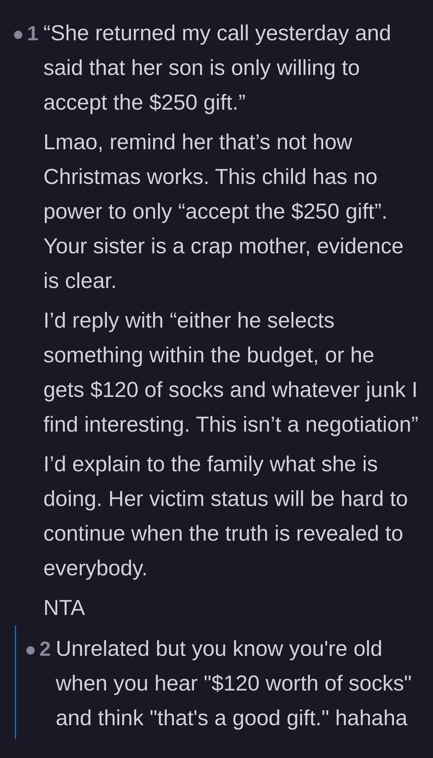 Comment thread 2 - Calling out the sister's parenting and suggesting a gift of basic socks instead.
