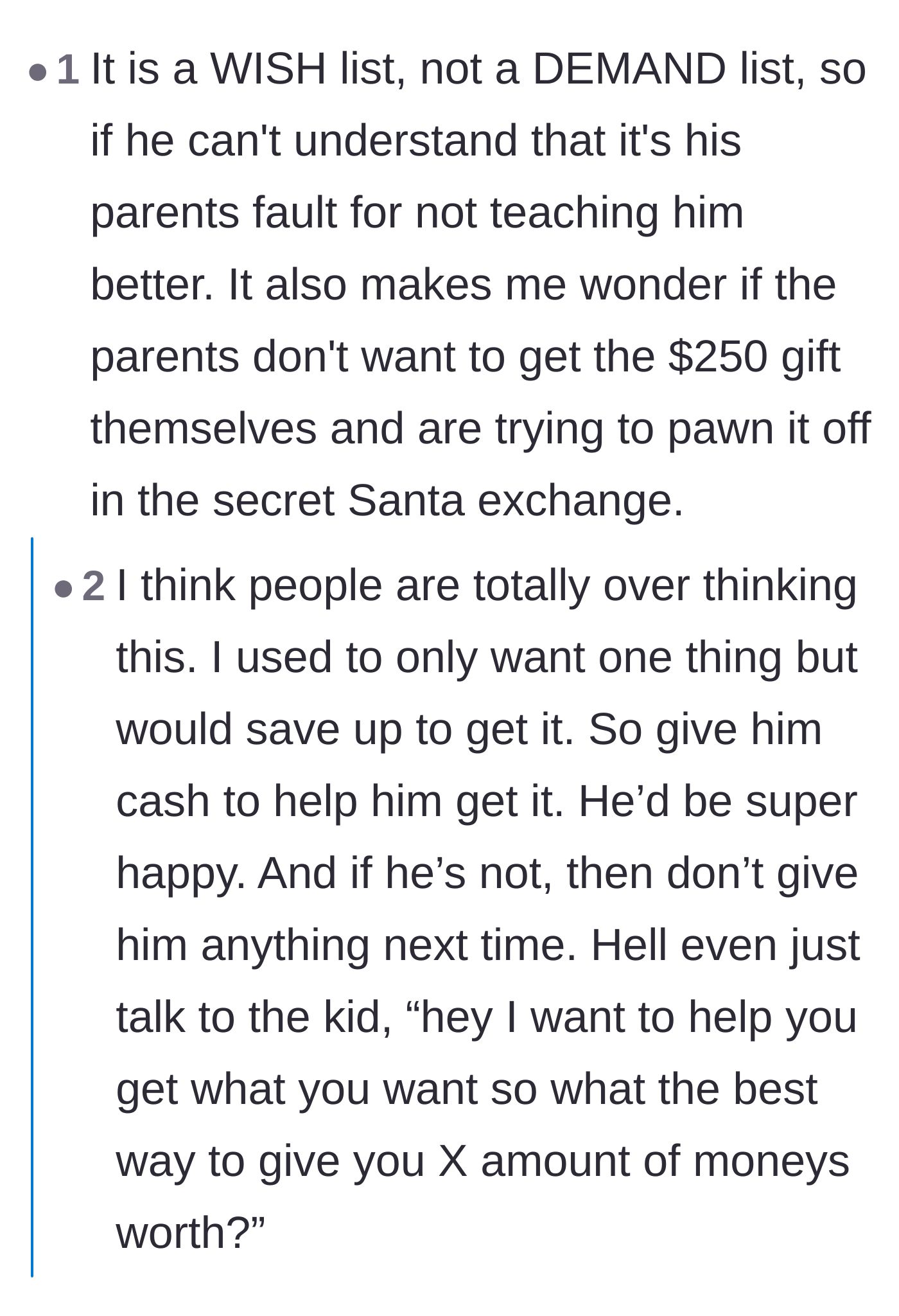 Comment thread 3 - Speculation that the mother is using the Secret Santa exchange to avoid paying for the expensive gift herself.
