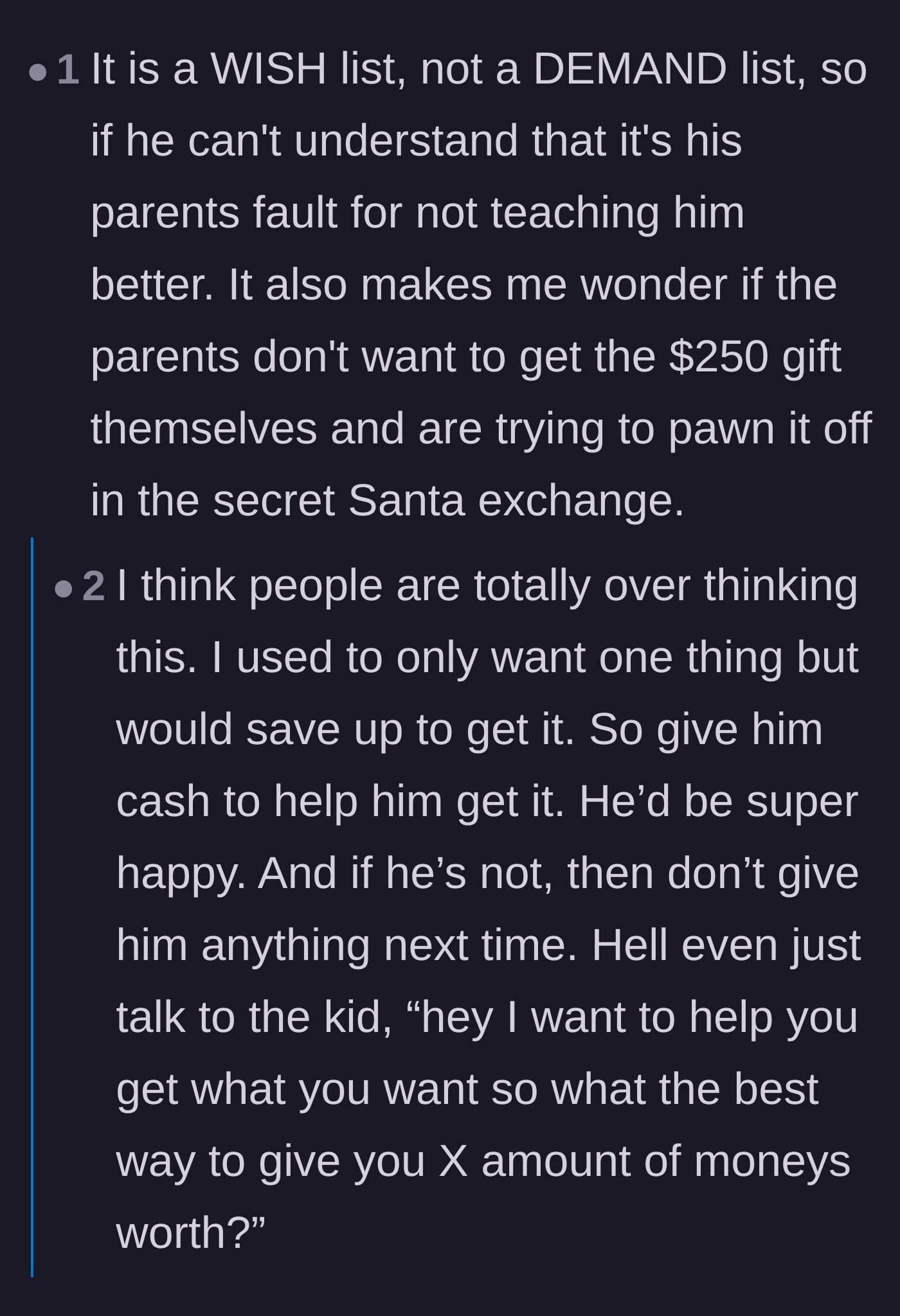 Comment thread 3 - Speculation that the mother is using the Secret Santa exchange to avoid paying for the expensive gift herself.