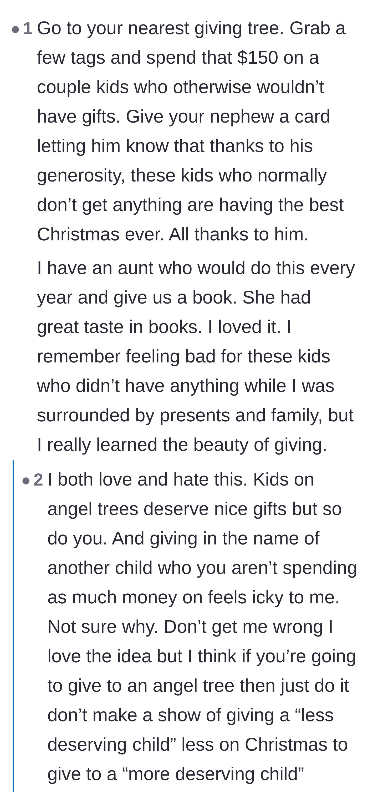Comment thread 5 - A debate over donating the gift budget to charity in the nephew's name versus giving a partial gift.