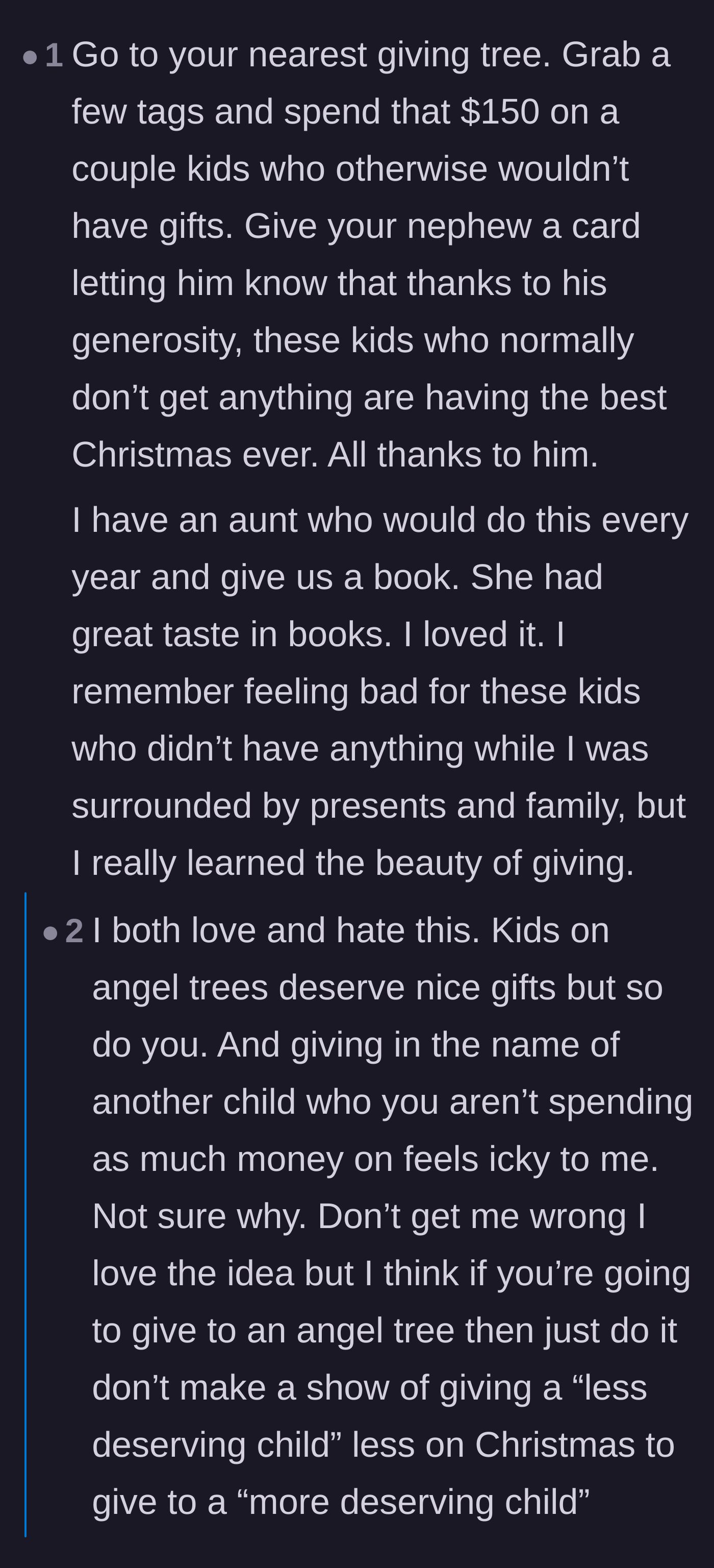 Comment thread 5 - A debate over donating the gift budget to charity in the nephew's name versus giving a partial gift.