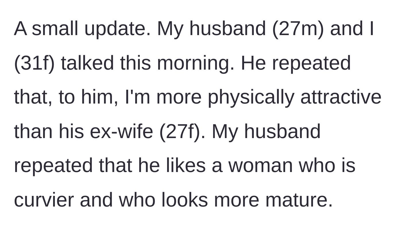 Story part 1 - The husband and wife sit down for an honest morning conversation where he confesses his physical preferences and attraction to her.