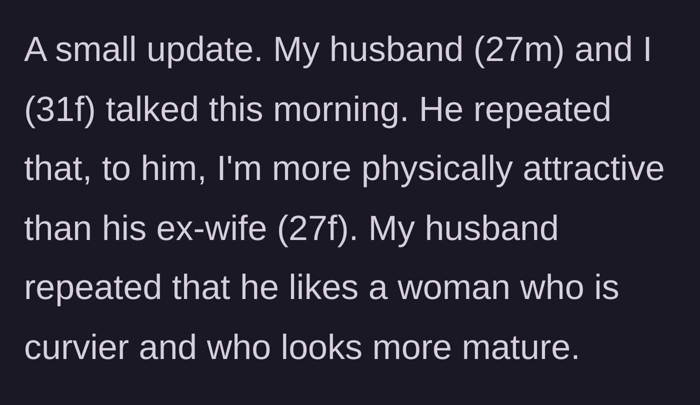 Story part 1 - The husband and wife sit down for an honest morning conversation where he confesses his physical preferences and attraction to her.