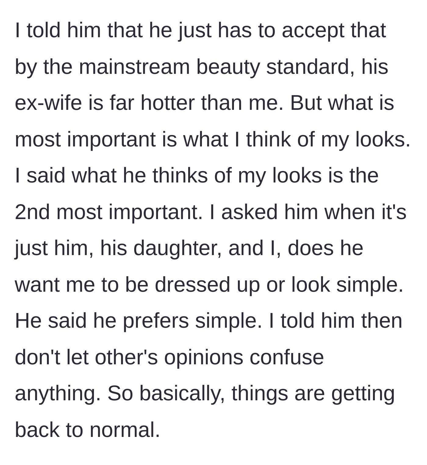 Story part 3 - The wife masterfully de-escalates the situation, asserting her own self-confidence and establishing firm boundaries against outside opinions.