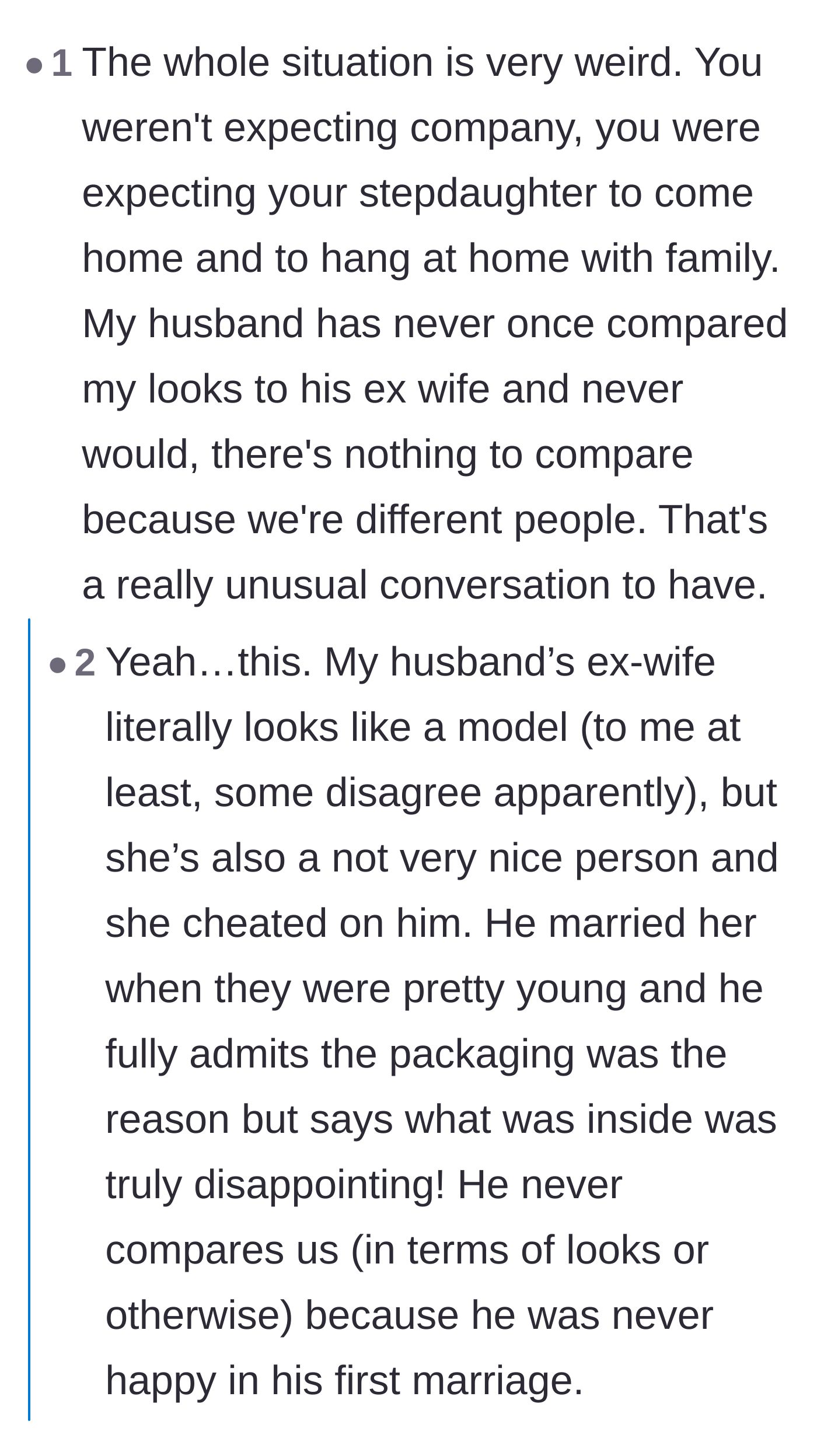 Comment thread 1 - A deep discussion about how inappropriate it is for a husband to openly compare his wife to his ex and care so much about outsider opinions.