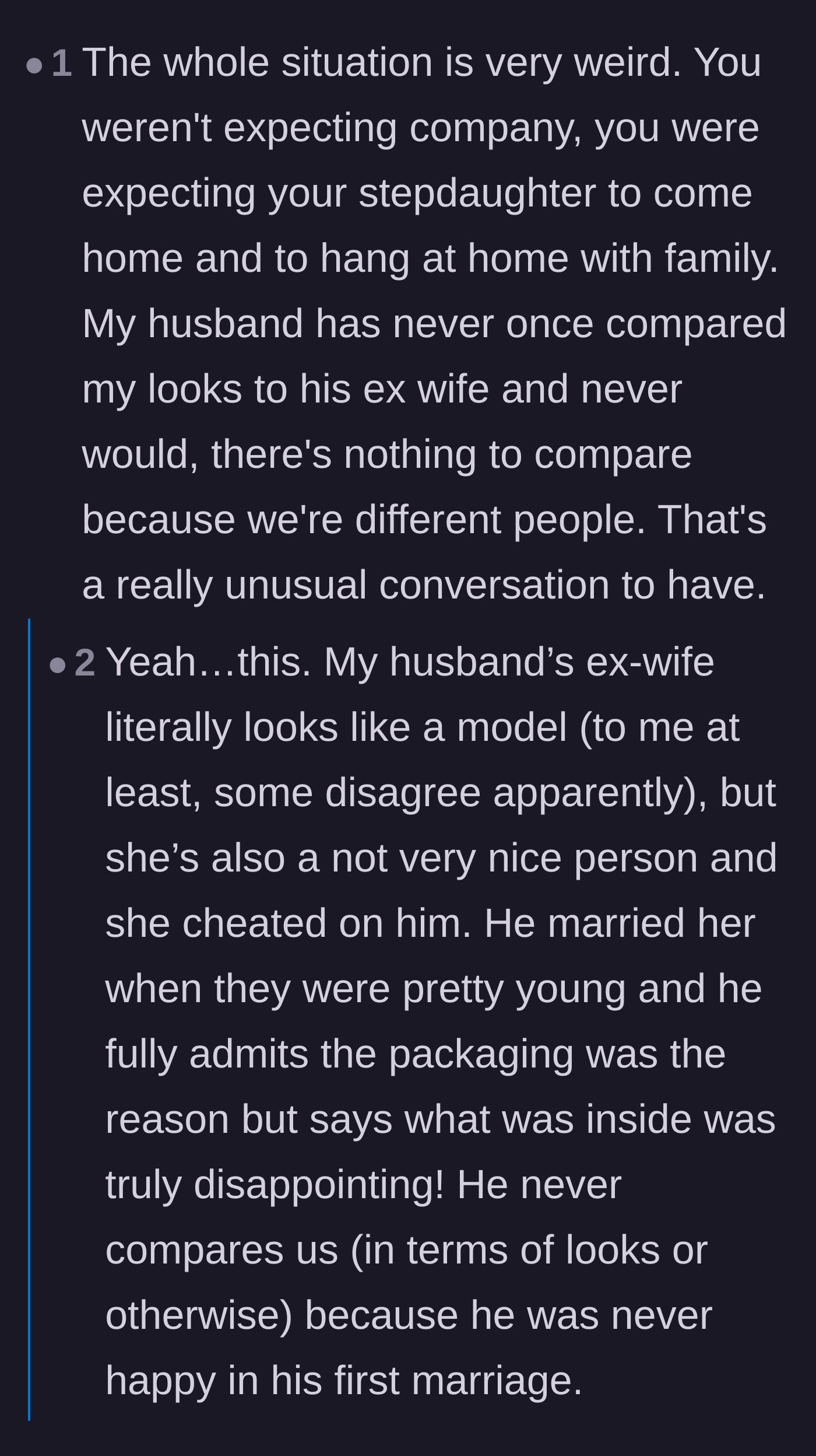 Comment thread 1 - A deep discussion about how inappropriate it is for a husband to openly compare his wife to his ex and care so much about outsider opinions.