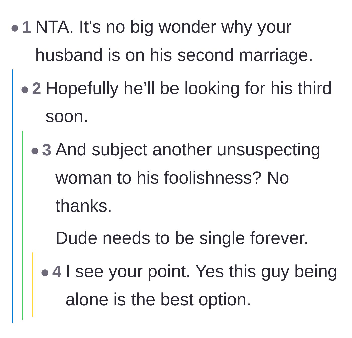 Comment thread 2 - Commenters bluntly joking about why the husband is already on his second marriage and suggesting he should remain single.