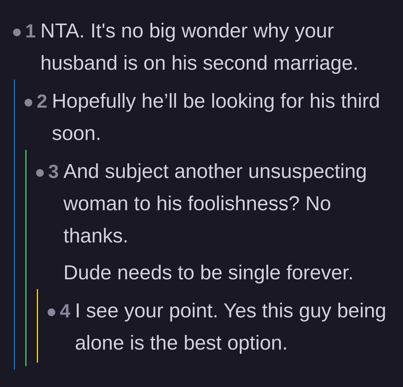 Comment thread 2 - Commenters bluntly joking about why the husband is already on his second marriage and suggesting he should remain single.