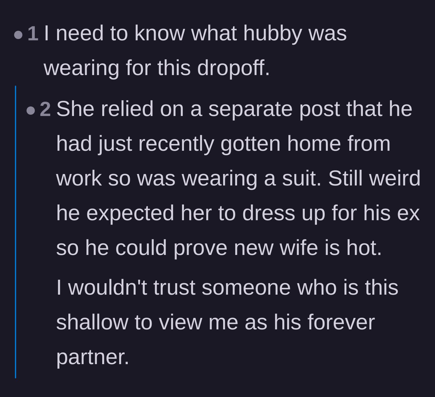 Comment thread 4 - A discussion questioning the husband's own outfit during the drop-off and pointing out his shallow motives.