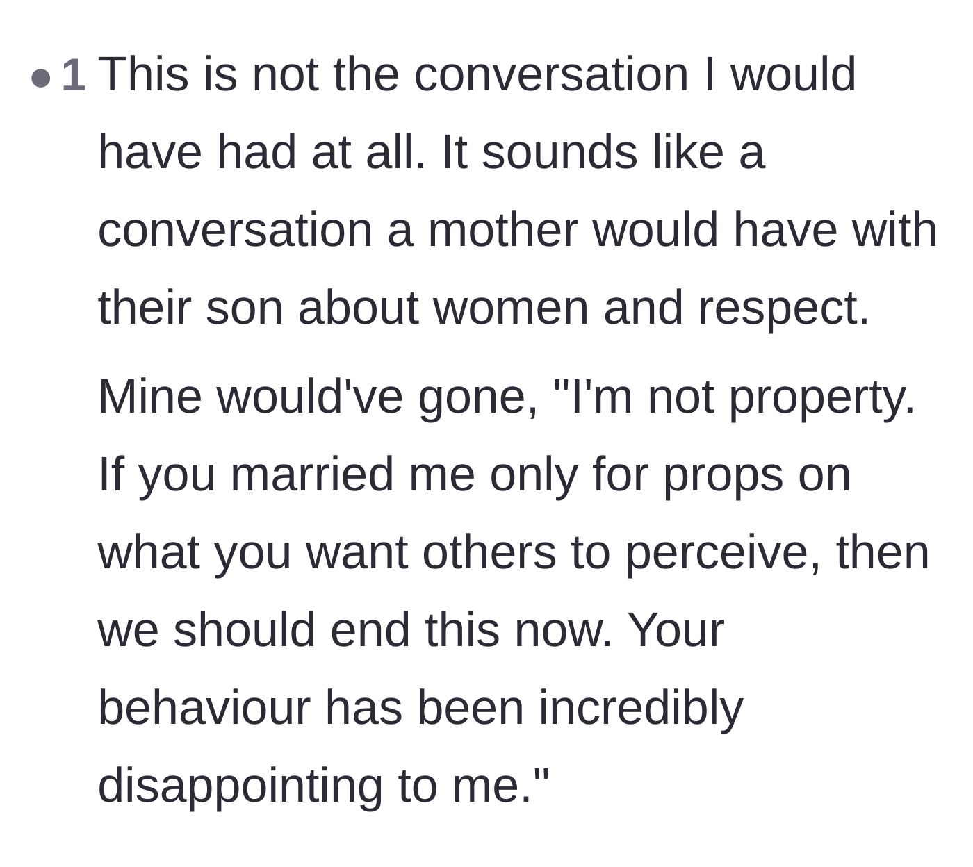 Comment thread 5 - Advice suggesting the main character needs to establish firmer boundaries about not being treated as property or a prop.
