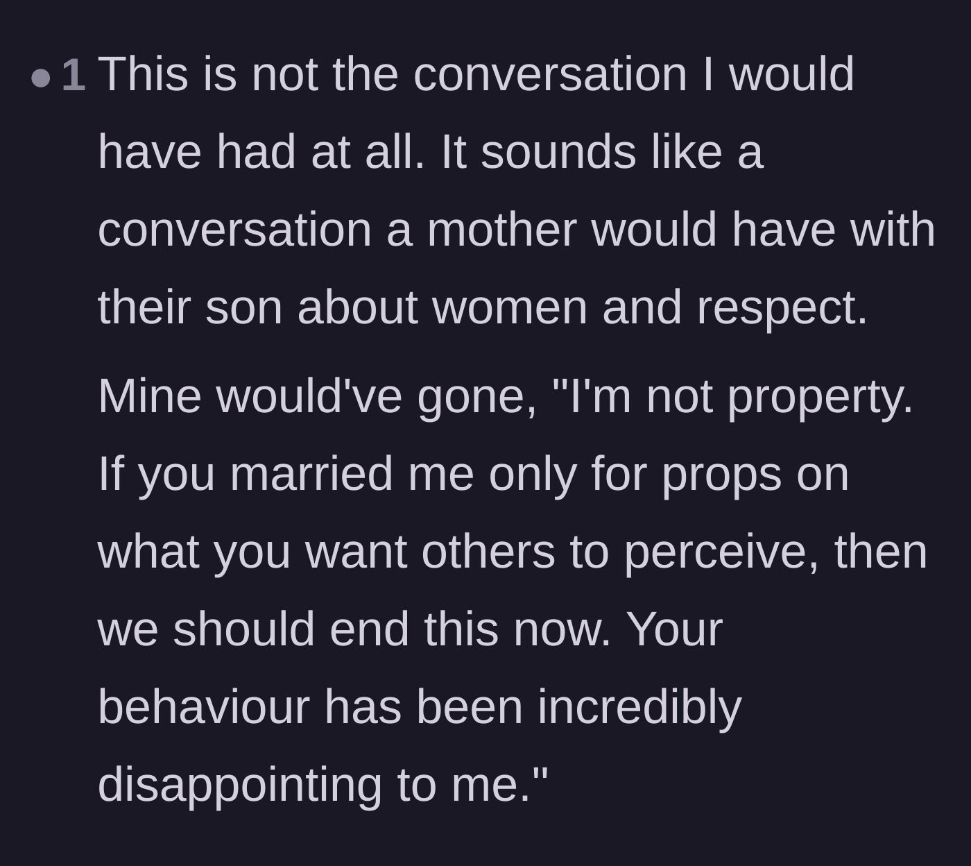 Comment thread 5 - Advice suggesting the main character needs to establish firmer boundaries about not being treated as property or a prop.