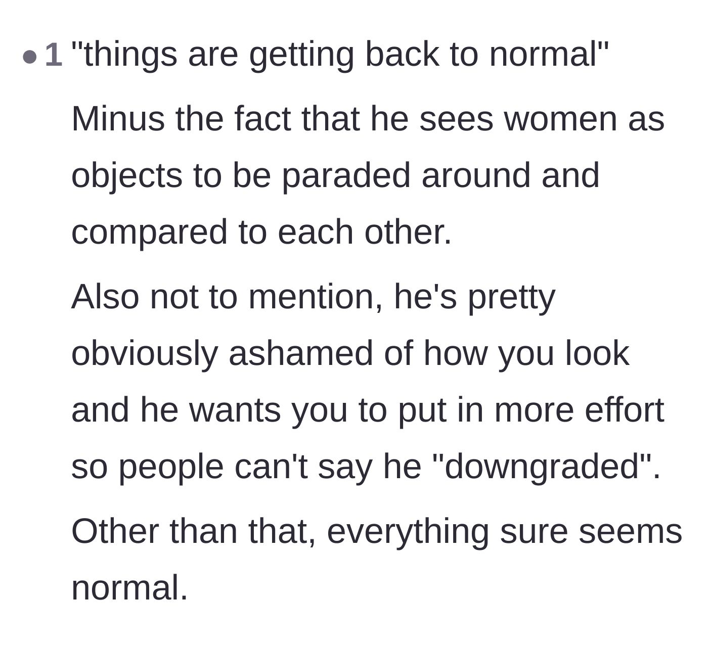 Comment thread 6 - A skeptical reaction to the main character saying things are back to normal, highlighting the husband's lingering objectification.