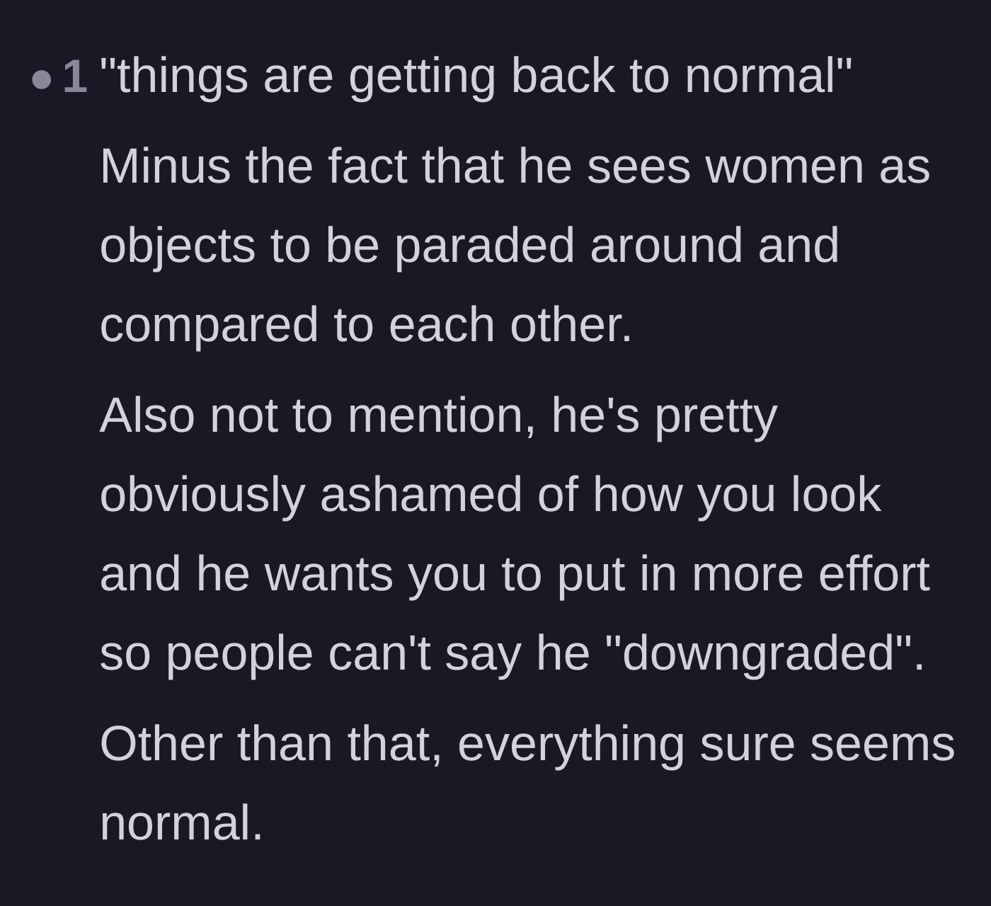 Comment thread 6 - A skeptical reaction to the main character saying things are back to normal, highlighting the husband's lingering objectification.