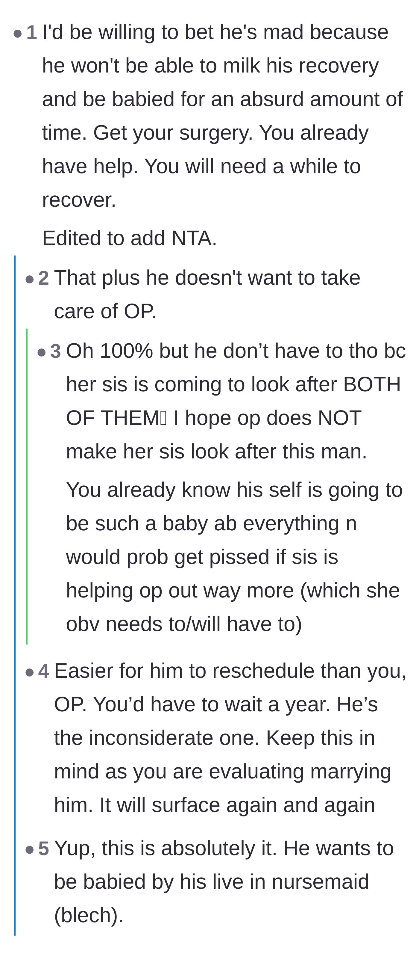 Comment thread 1 - Readers debating whether the boyfriend's true anger stems from losing his live-in nurse.