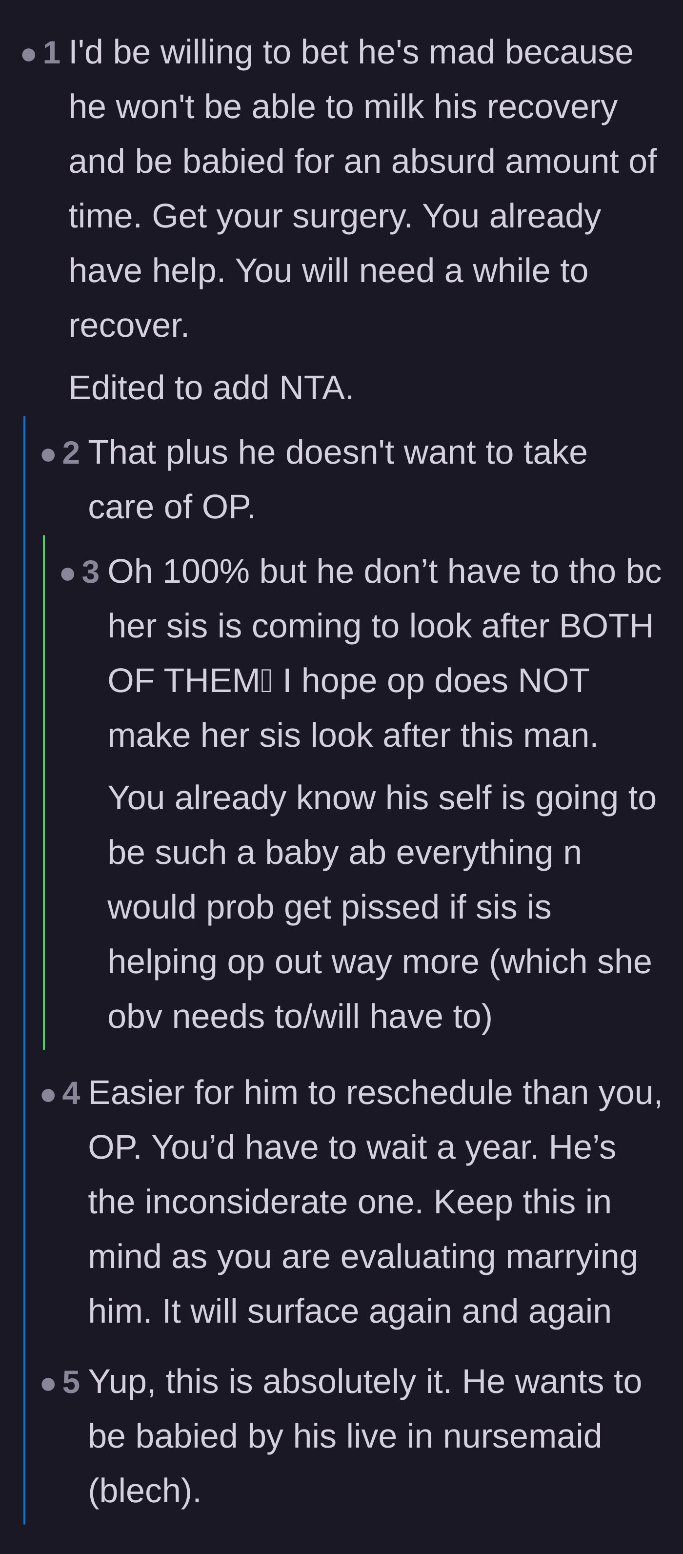 Comment thread 1 - Readers debating whether the boyfriend's true anger stems from losing his live-in nurse.