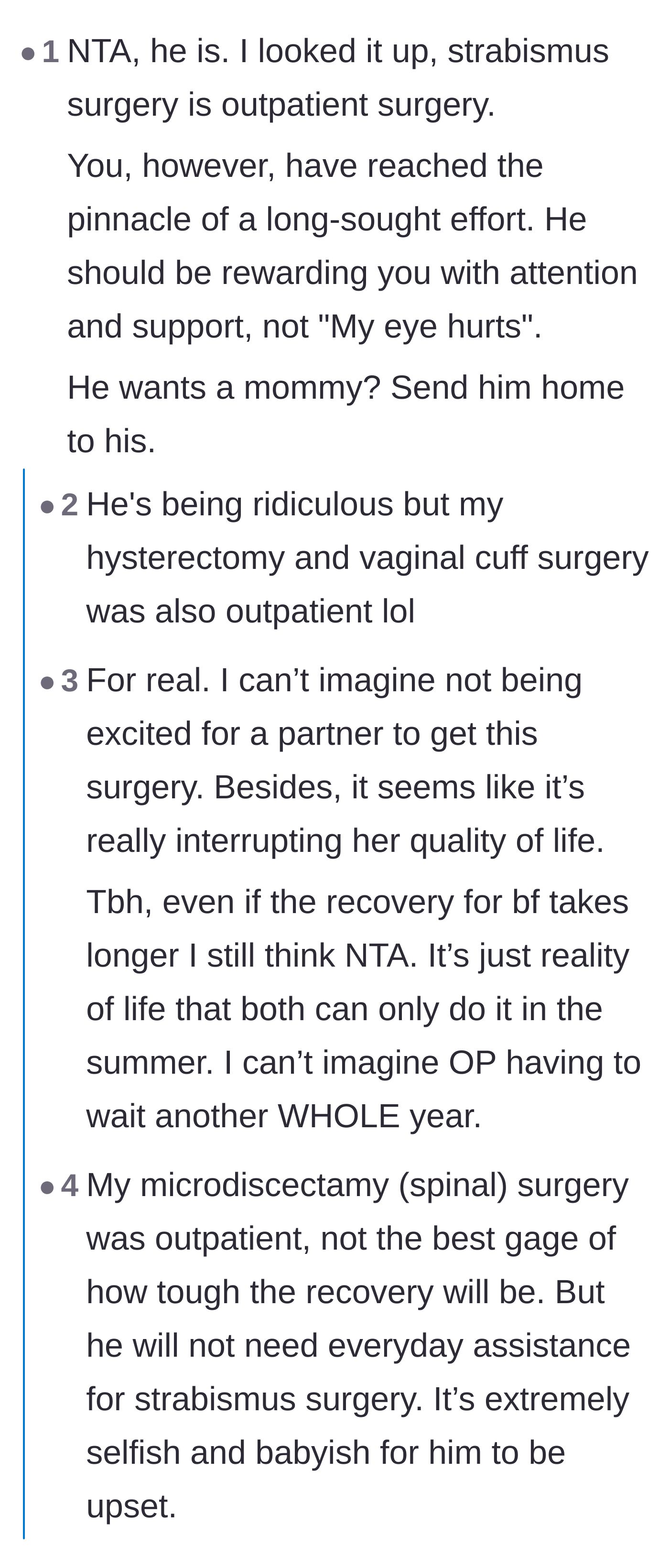 Comment thread 3 - A discussion analyzing the difference between outpatient procedures and major invasive surgery.