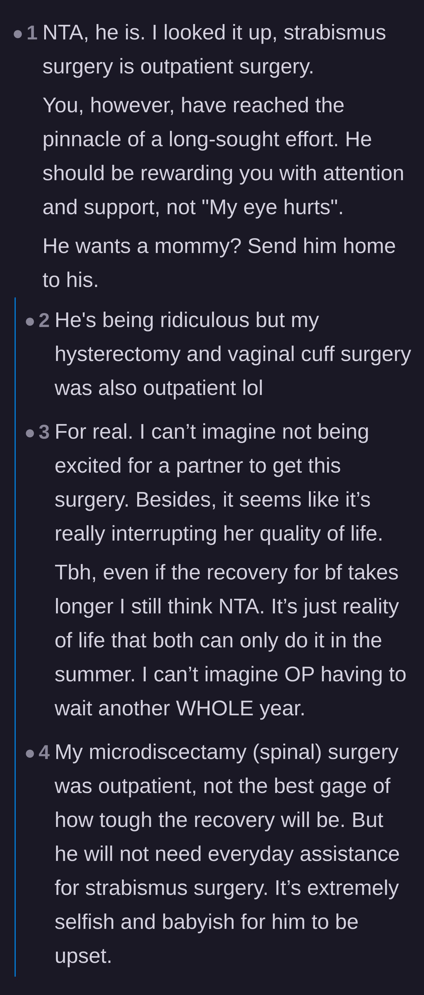 Comment thread 3 - A discussion analyzing the difference between outpatient procedures and major invasive surgery.