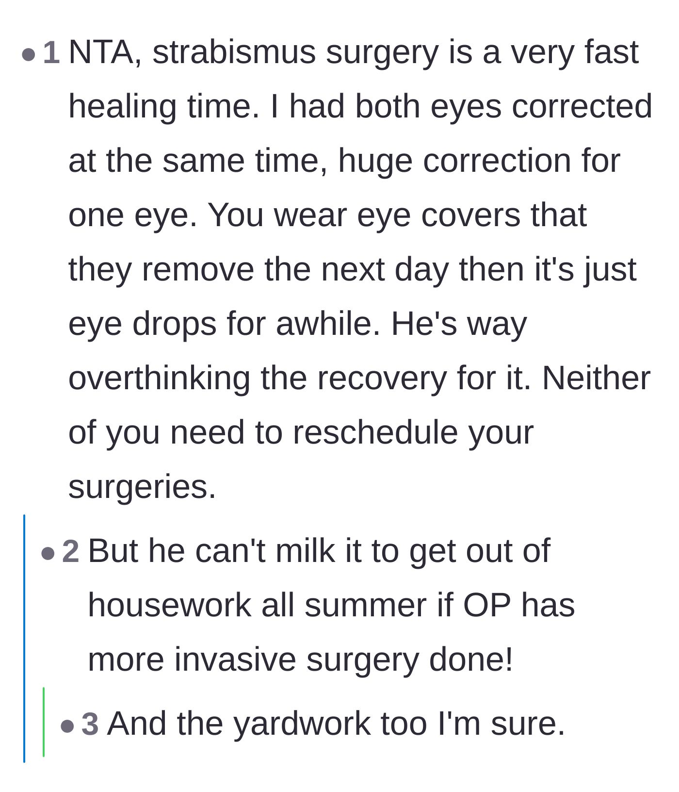 Comment thread 5 - A former patient explaining the rapid healing time for strabismus correction alongside jokes about dodging chores.