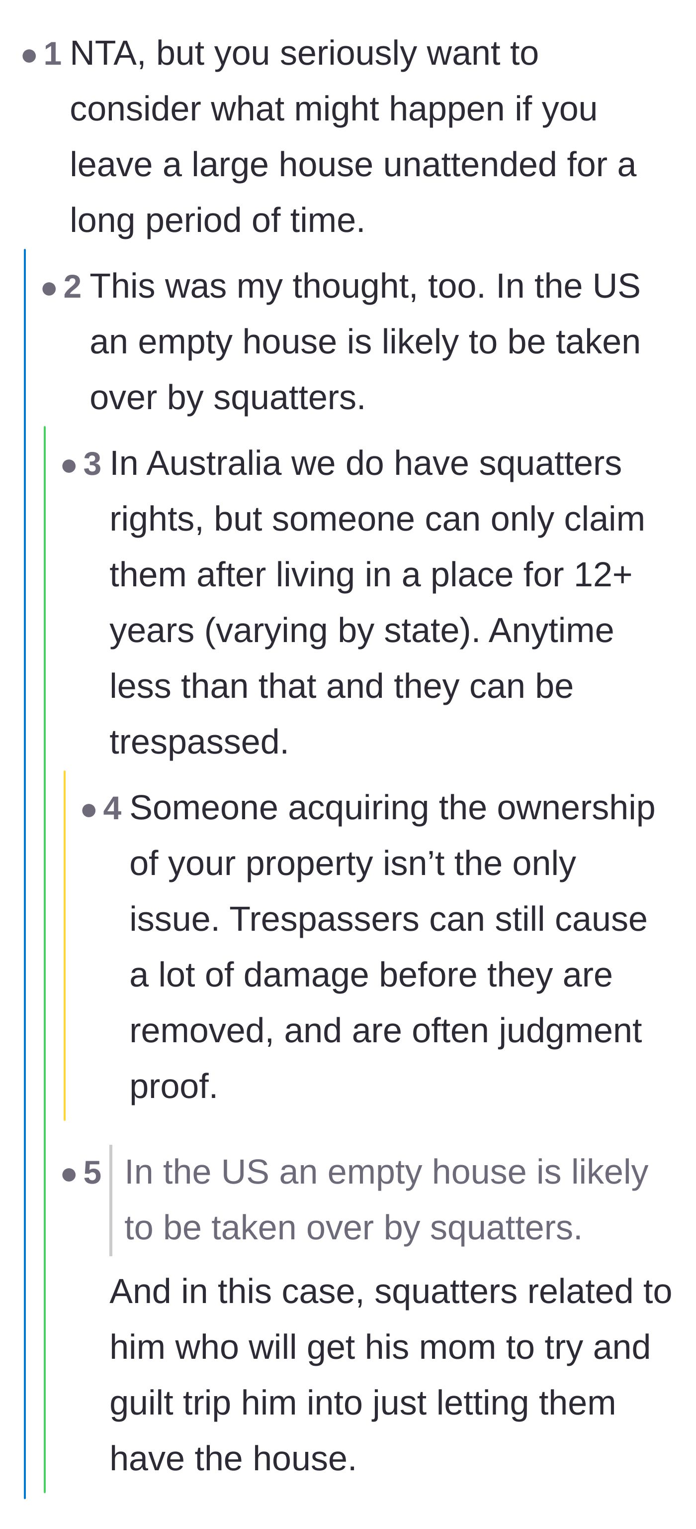 Comment thread 3 - A discussion on squatter's rights, property damage, and the main character confirming their plan to use a rental agency.