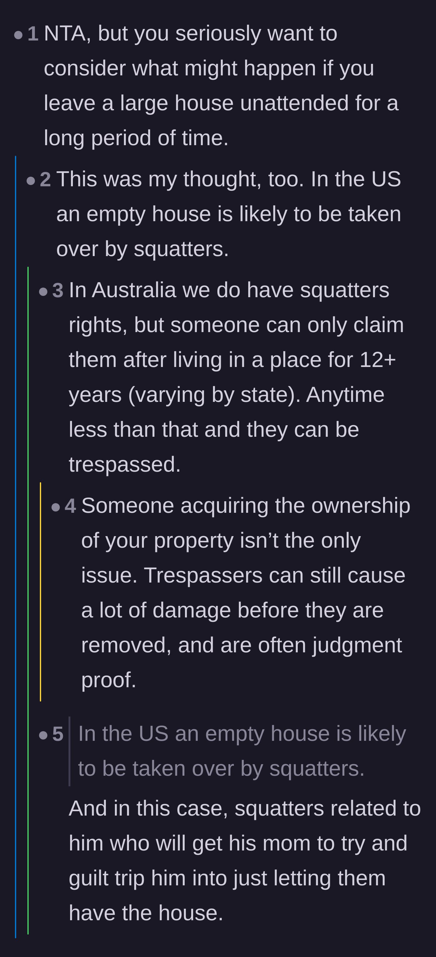 Comment thread 3 - A discussion on squatter's rights, property damage, and the main character confirming their plan to use a rental agency.