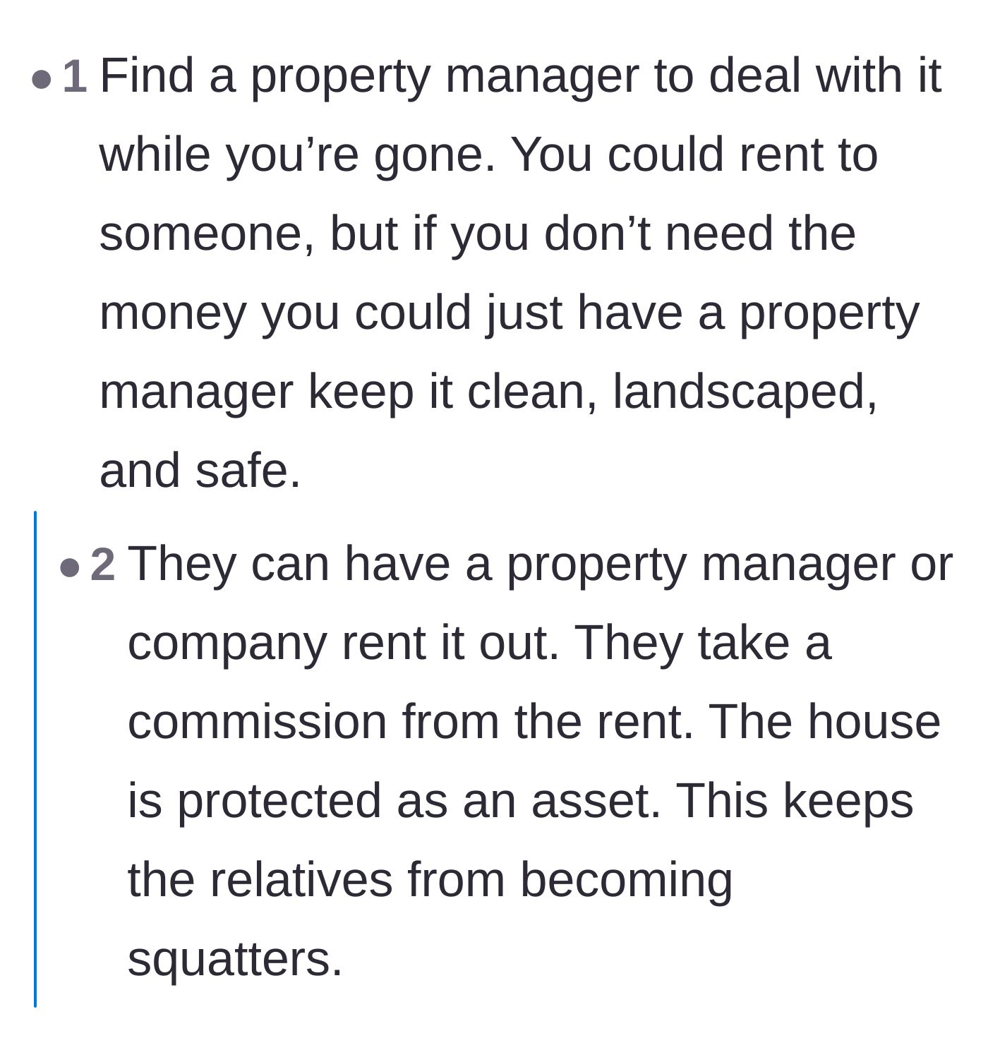 Comment thread 6 - A suggestion to use a property manager to keep the house occupied, functioning as an asset-protection shield against the family.