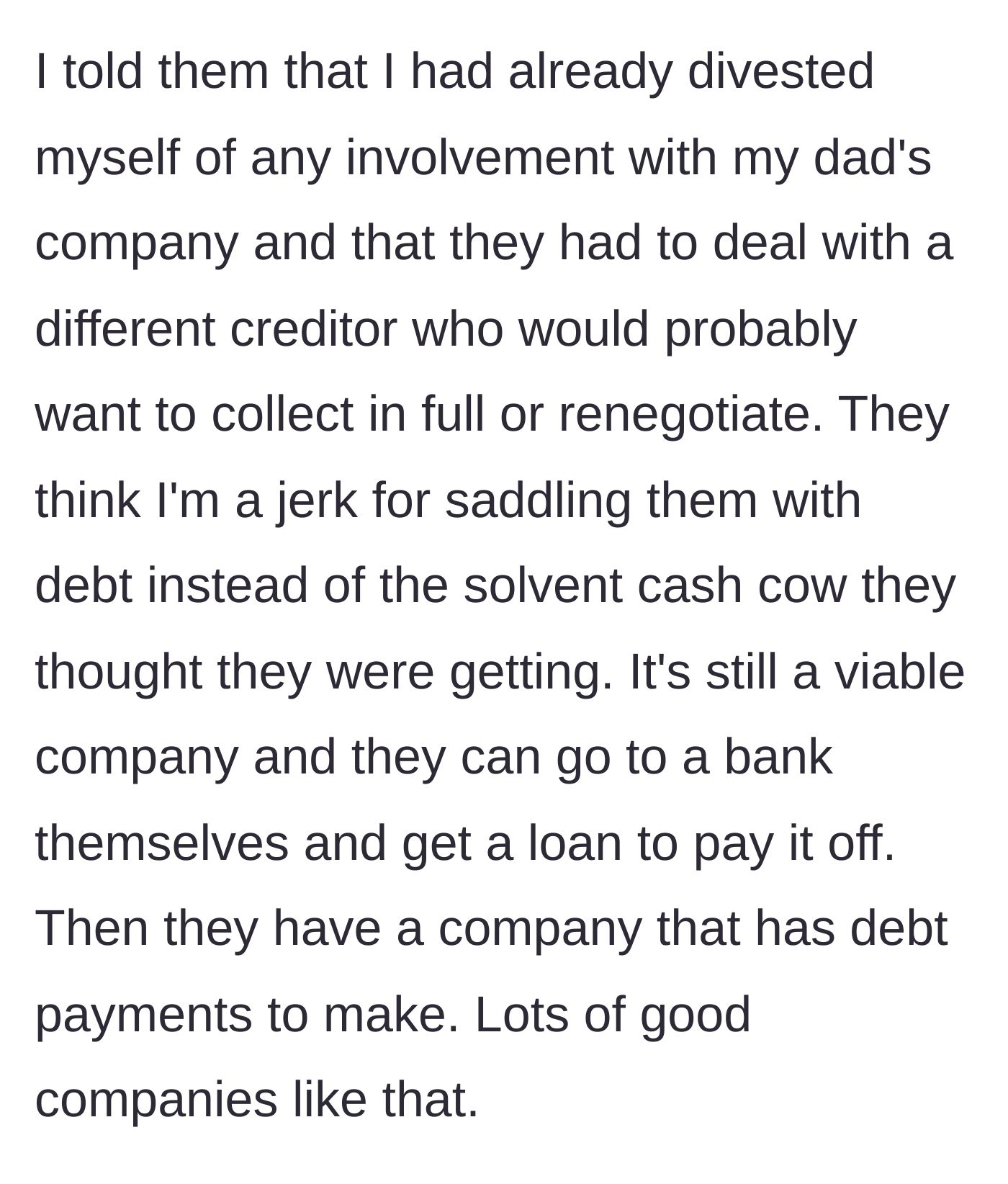 Story part 8 - Son strictly refuses to help, telling them to deal with the new creditor or secure a commercial bank loan.