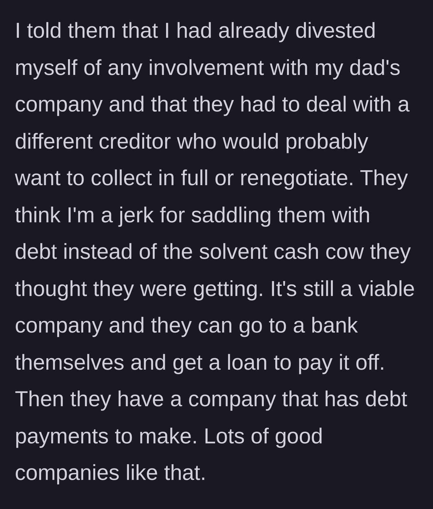 Story part 8 - Son strictly refuses to help, telling them to deal with the new creditor or secure a commercial bank loan.