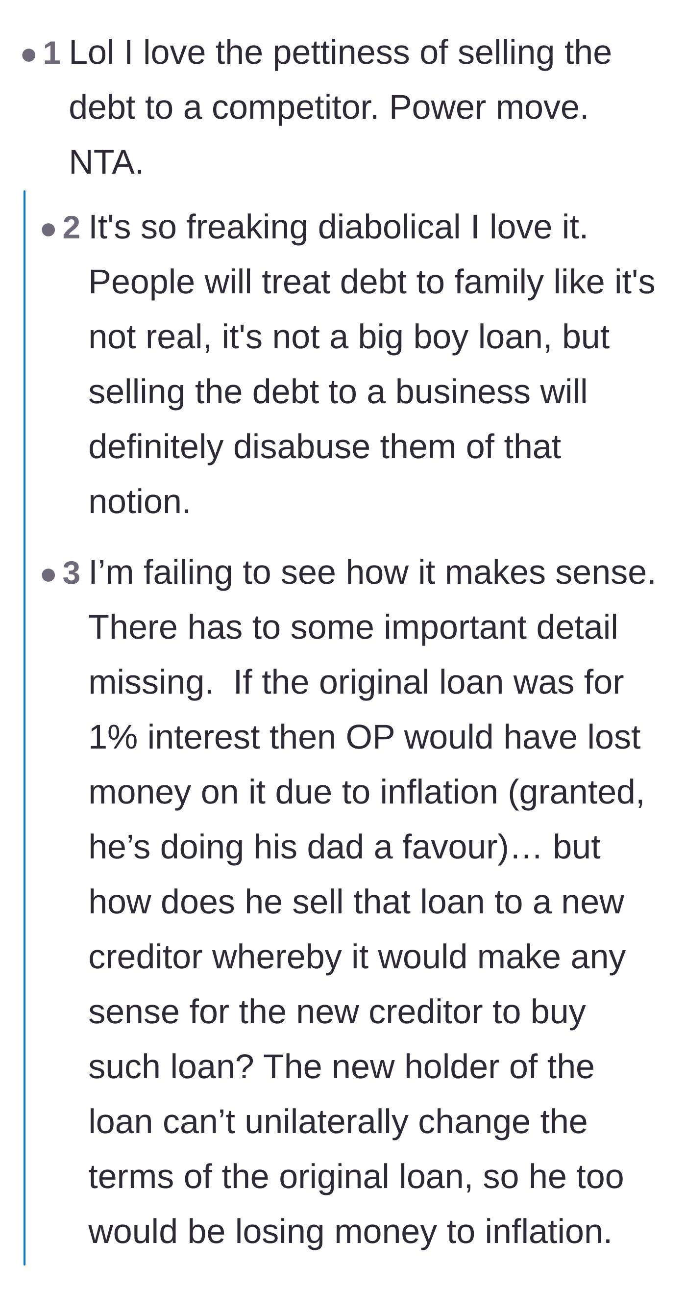 Comment thread 3 - Debating the strategic brilliance and financial mechanics of selling the loan to a competitor.