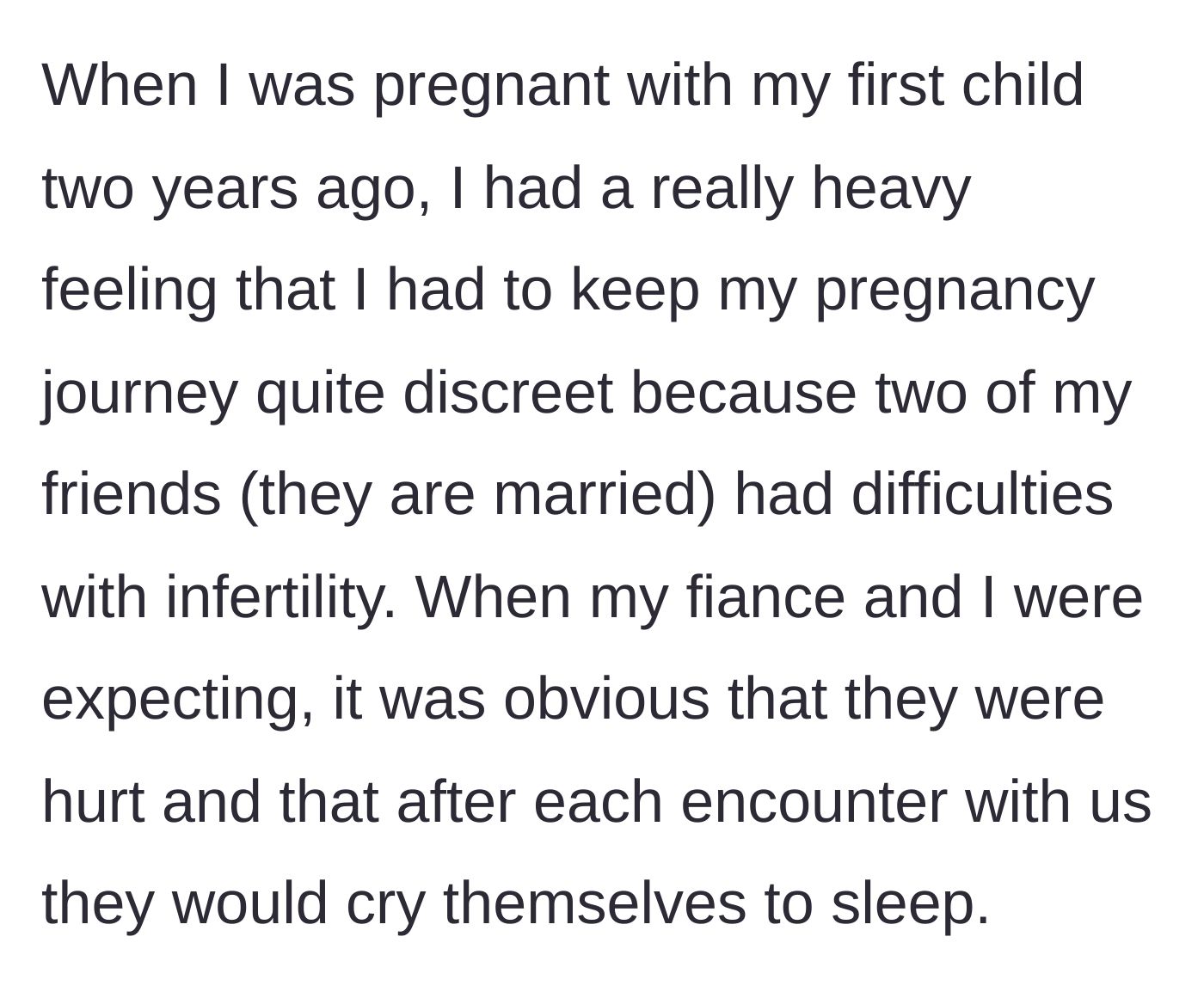 Story part 1 - A pregnant woman feeling burdened and choosing to hide her joy around infertile friends.