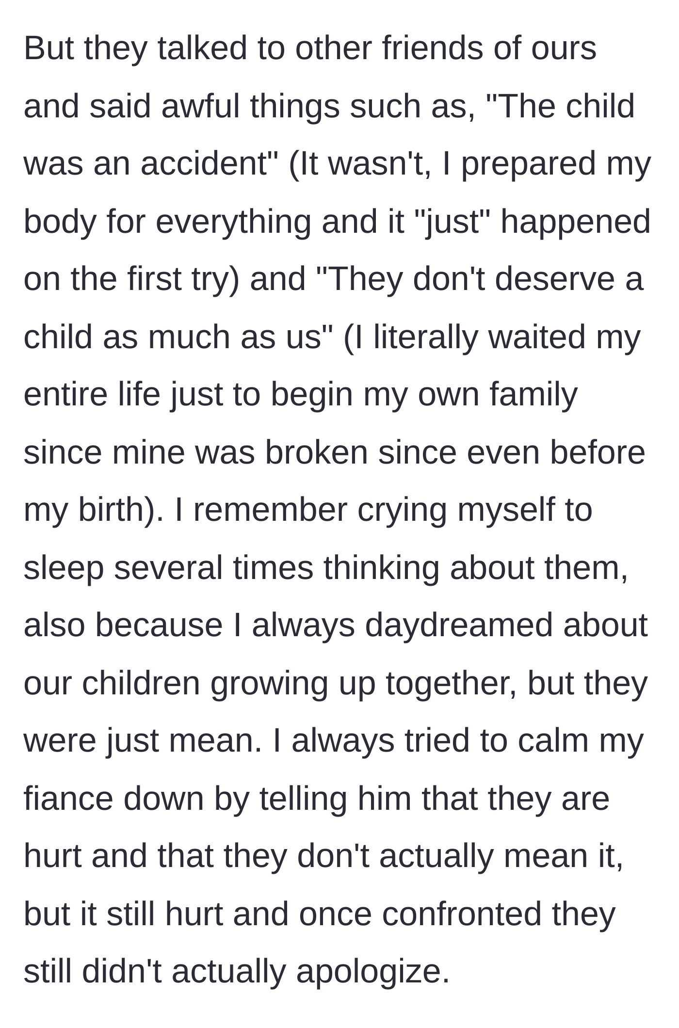 Story part 3 - The pregnant woman crying in bed after hearing cruel gossip from her friends about her baby.