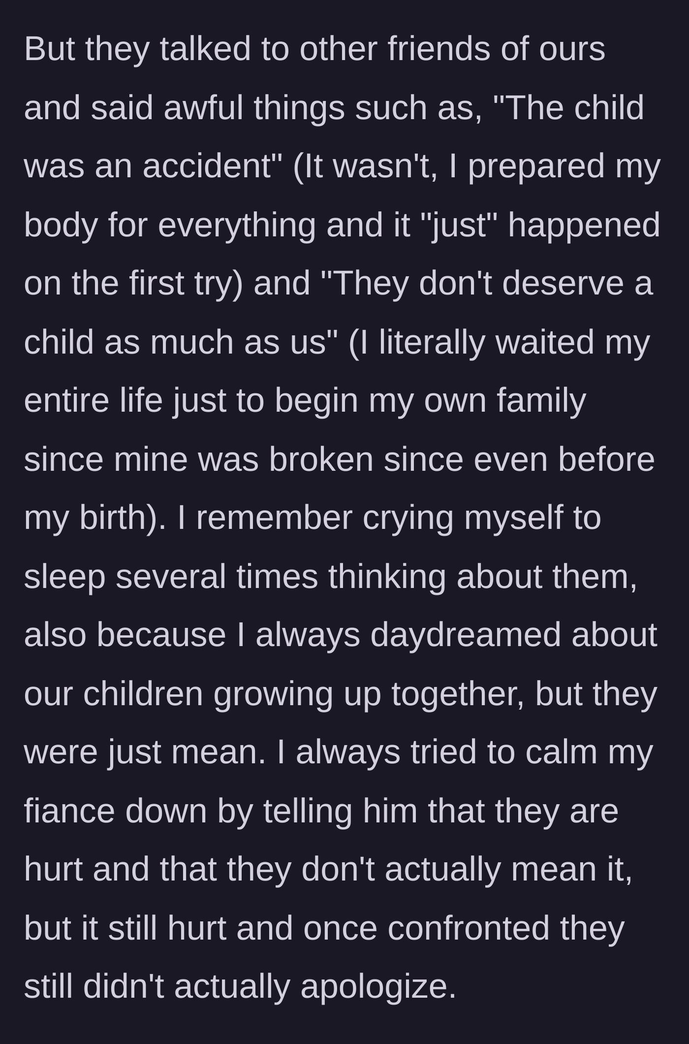 Story part 3 - The pregnant woman crying in bed after hearing cruel gossip from her friends about her baby.