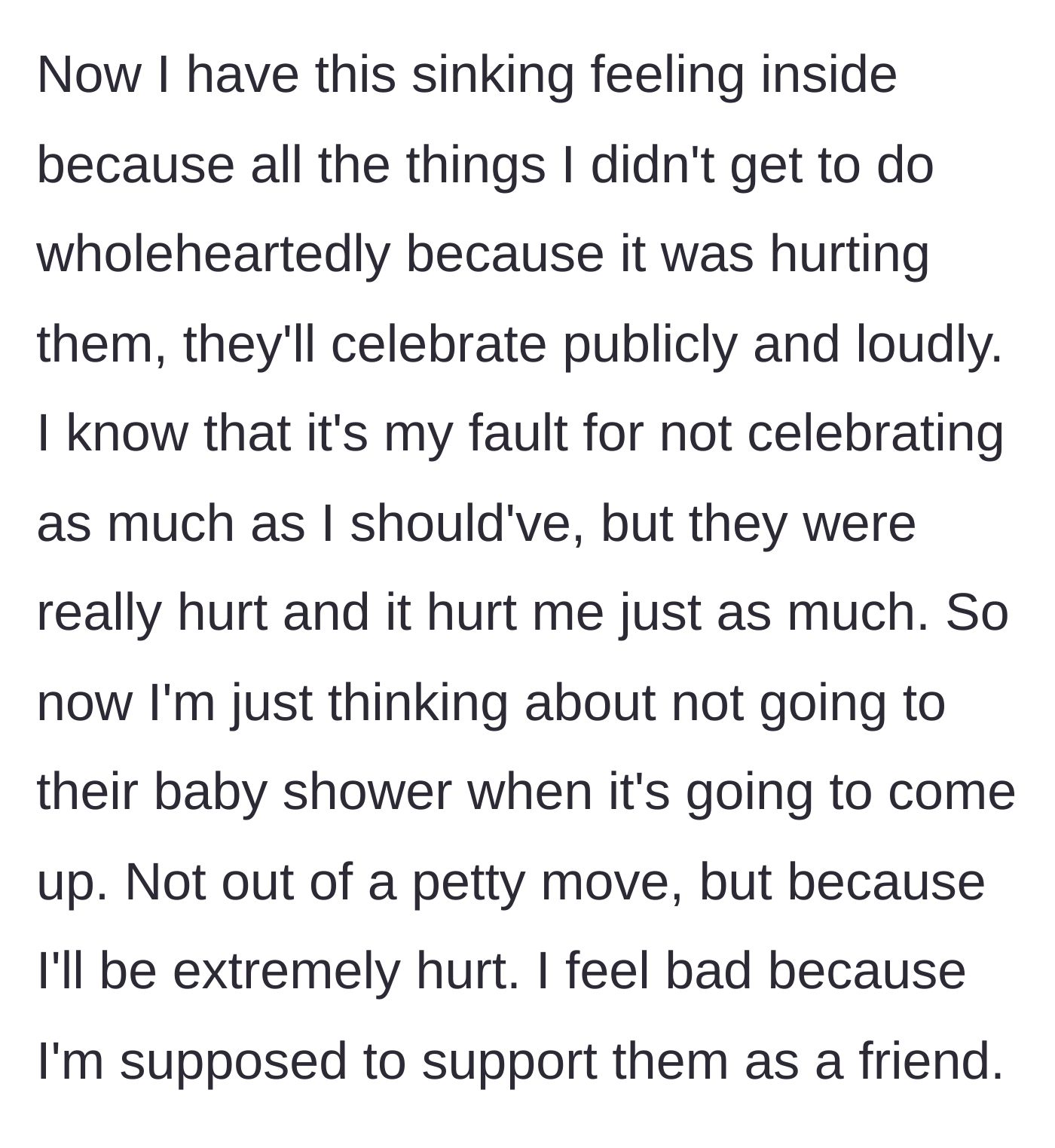 Story part 5 - A mother feeling anxious and heartbroken at the thought of attending her friends' baby shower.