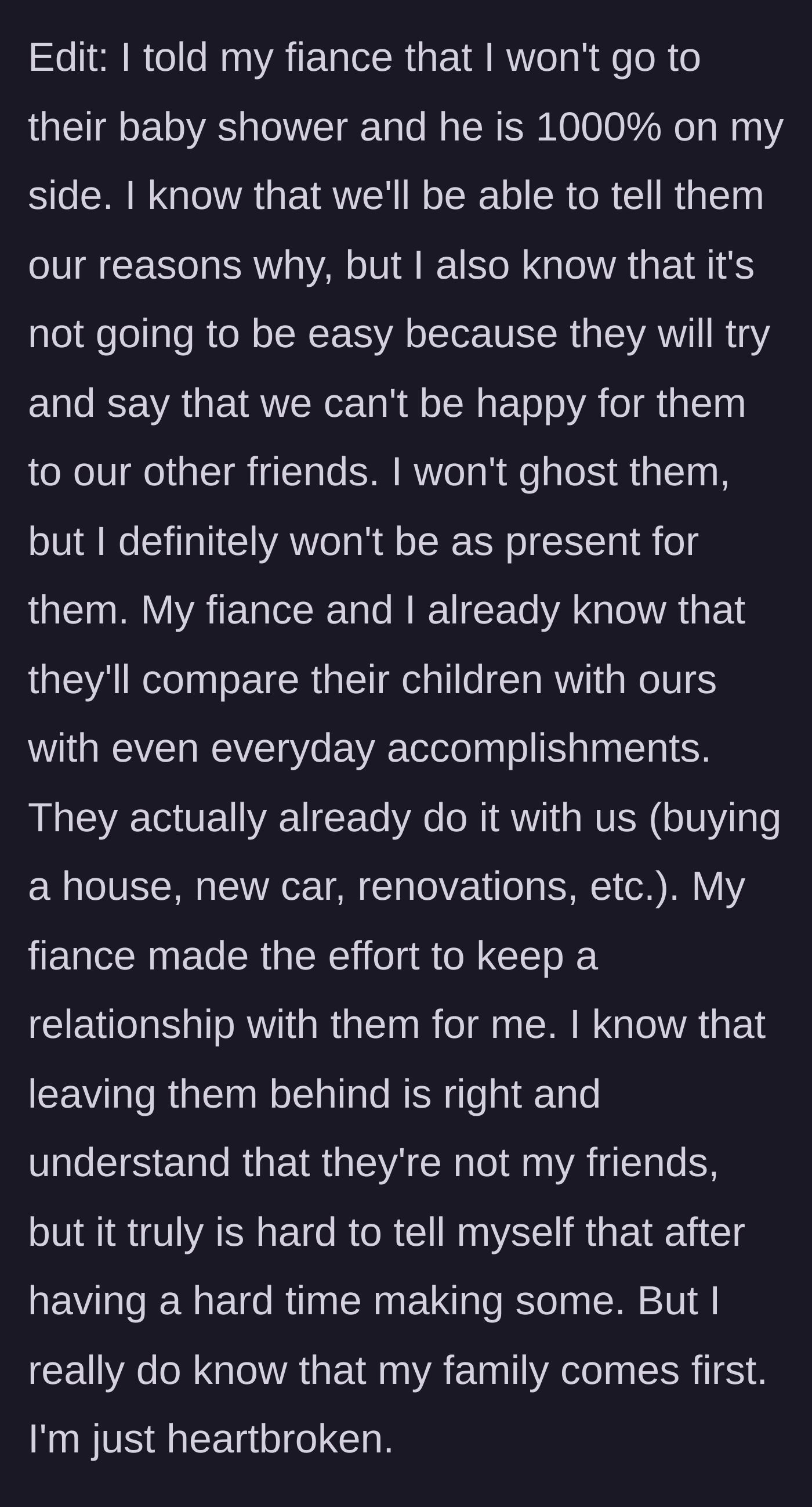 Story part 6 - A couple having a serious conversation, deciding to prioritize their own family and distance themselves from toxic friends.