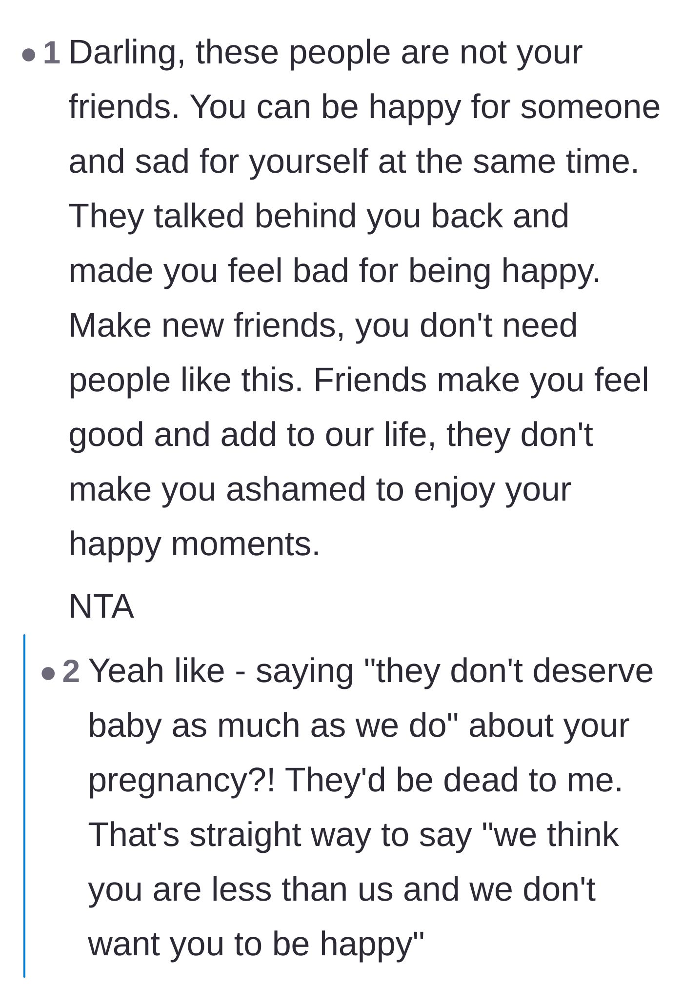 Comment thread 1 - Readers sharing their own painful fertility struggles while emphasizing that true friends never demand you hide your joy.