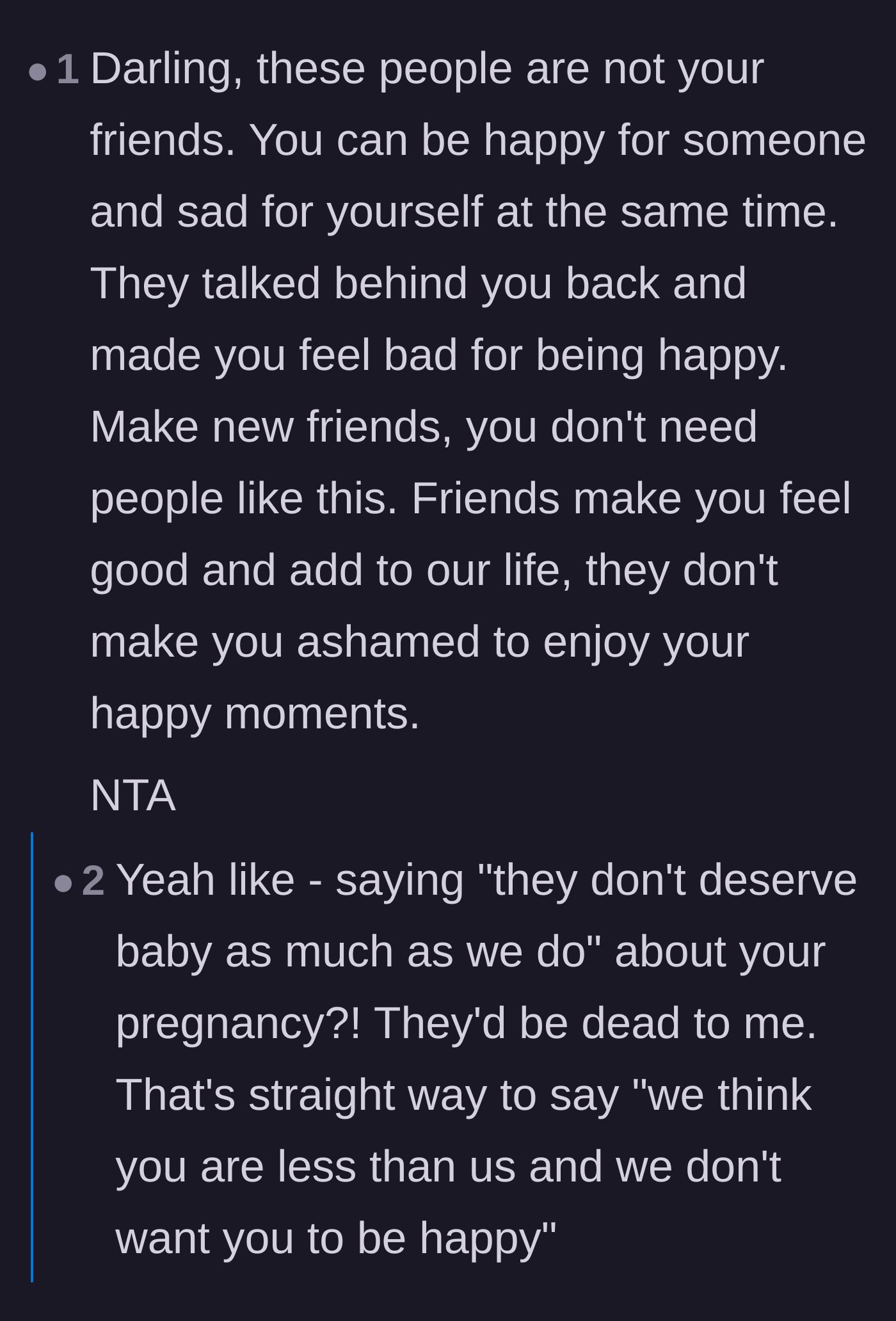 Comment thread 1 - Readers sharing their own painful fertility struggles while emphasizing that true friends never demand you hide your joy.