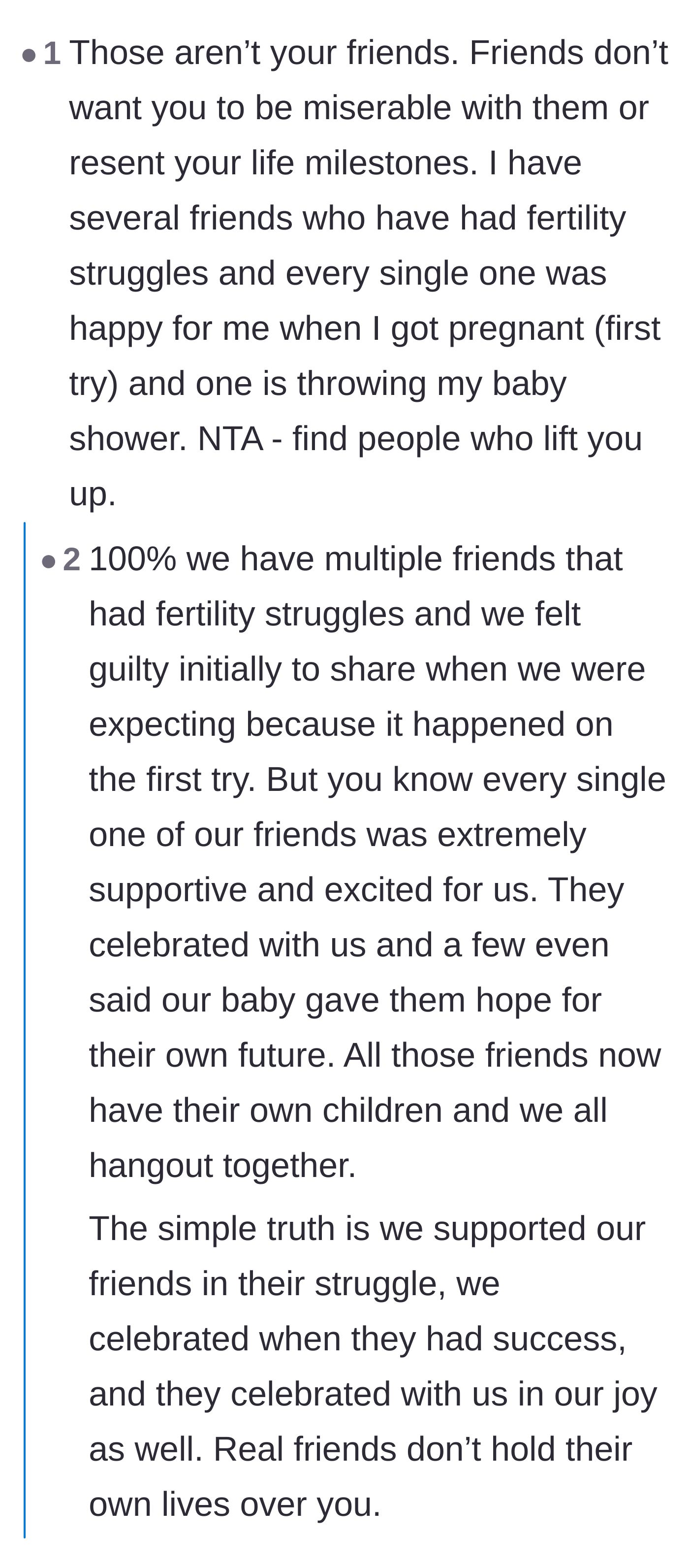 Comment thread 2 - Real-world examples of friends undergoing IVF who still enthusiastically celebrated other people's pregnancies.