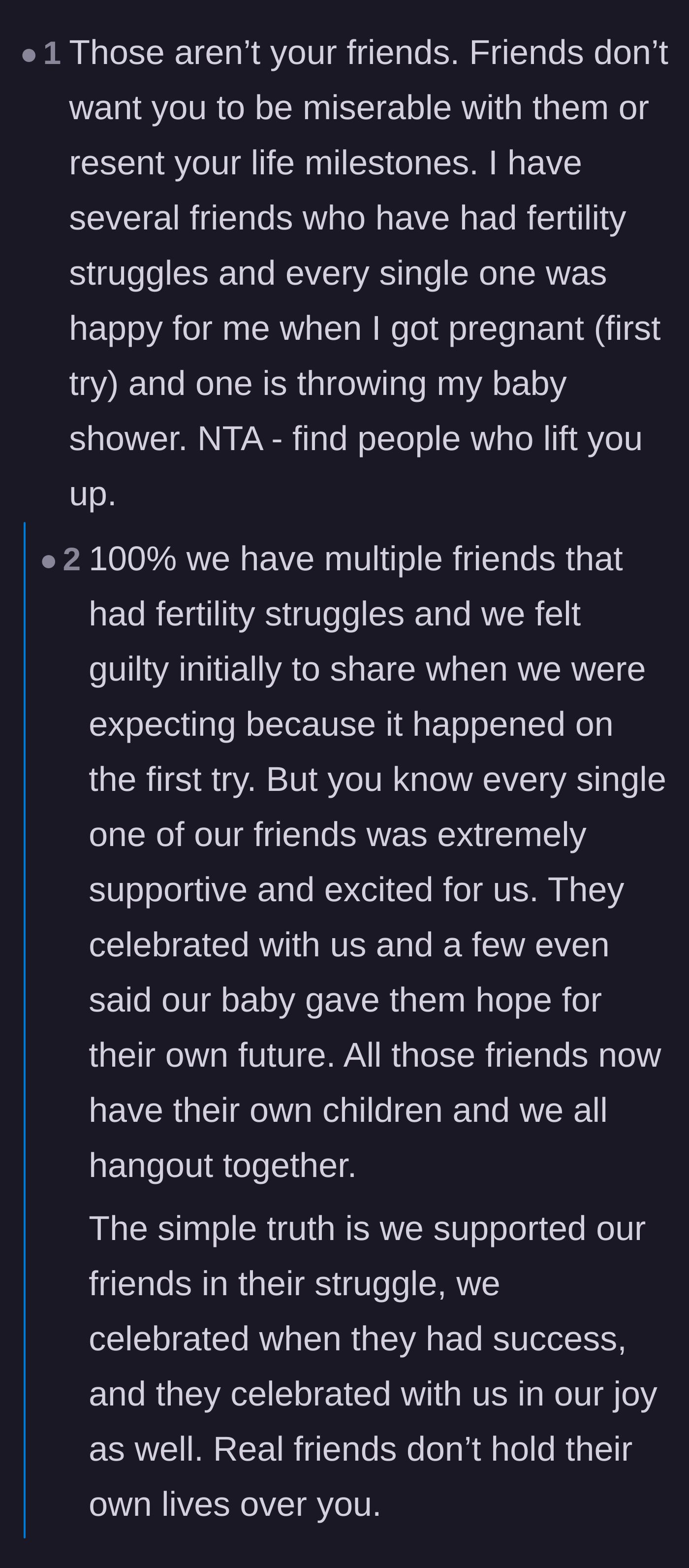 Comment thread 2 - Real-world examples of friends undergoing IVF who still enthusiastically celebrated other people's pregnancies.
