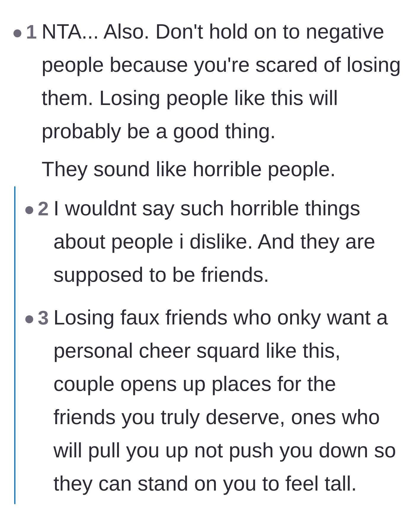 Comment thread 3 - Advice on the necessity of letting go of toxic relationships to make room for healthier ones.