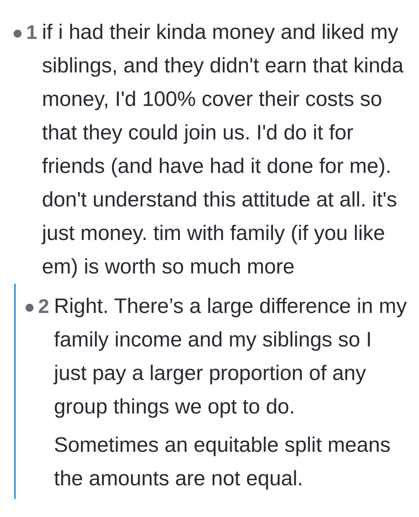 Comment thread 1 - Readers sharing personal stories of paying a larger, equitable share to ensure lower-income siblings can attend family trips.